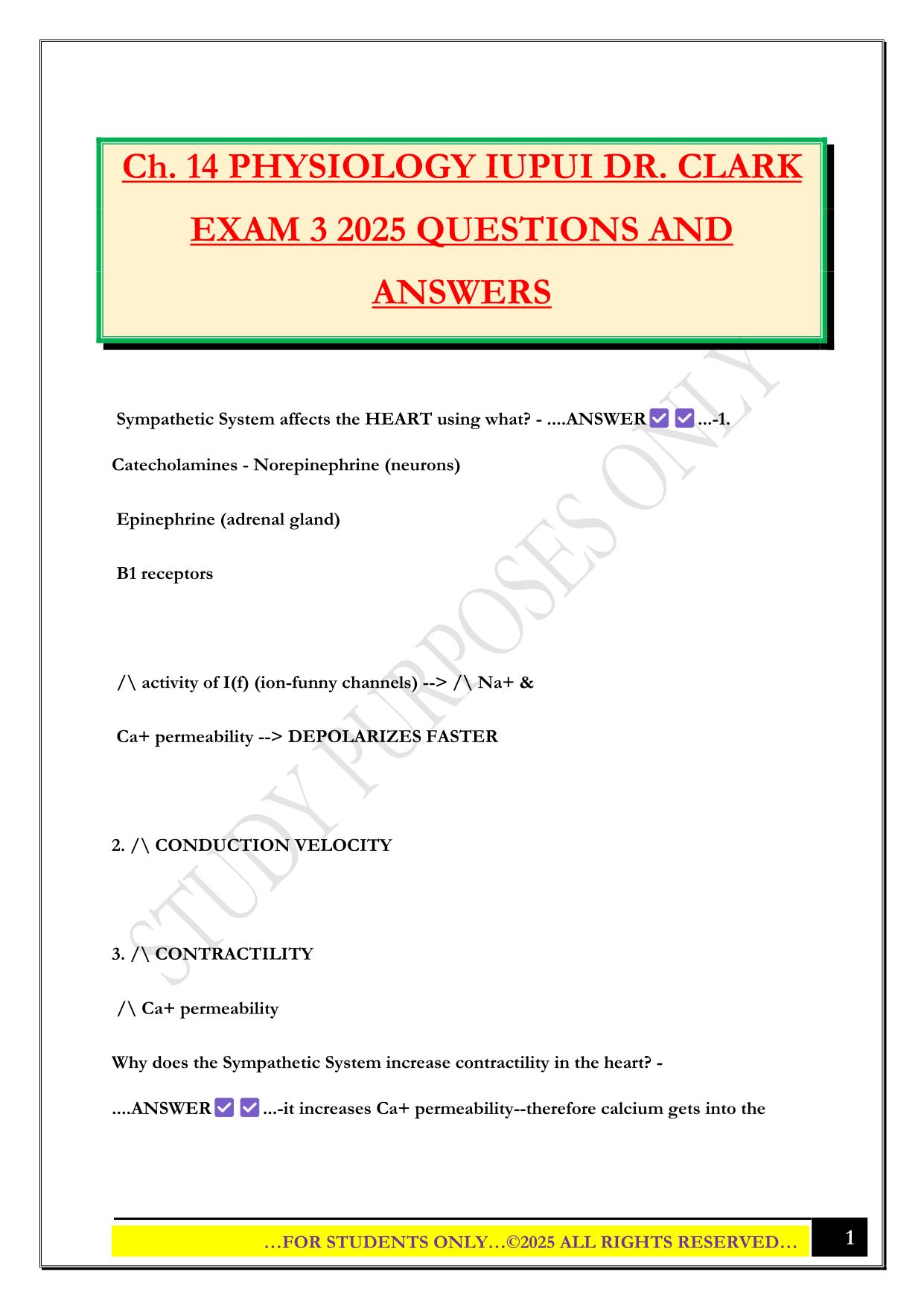 Ch. 14 PHYSIOLOGY IUPUI DR. CLARK EXAM 3 2025 QUESTIONS AND ANSWERS