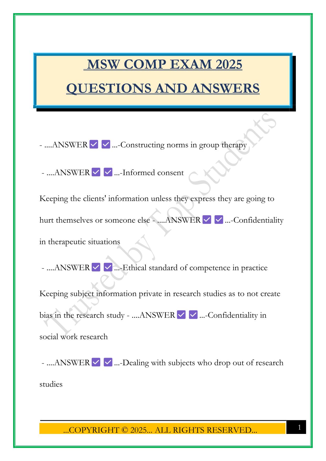 MSW COMP EXAM 2025 QUESTIONS AND ANSWERS
