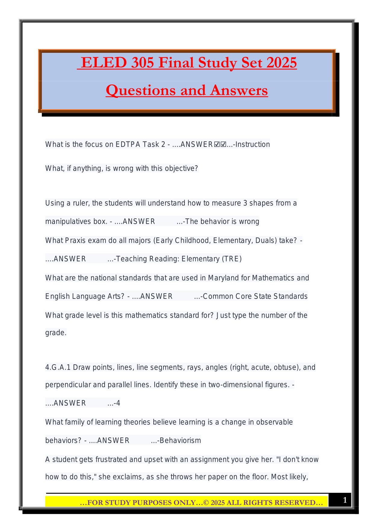 ELED 305 Final Study Set 2025 Questions and Answers