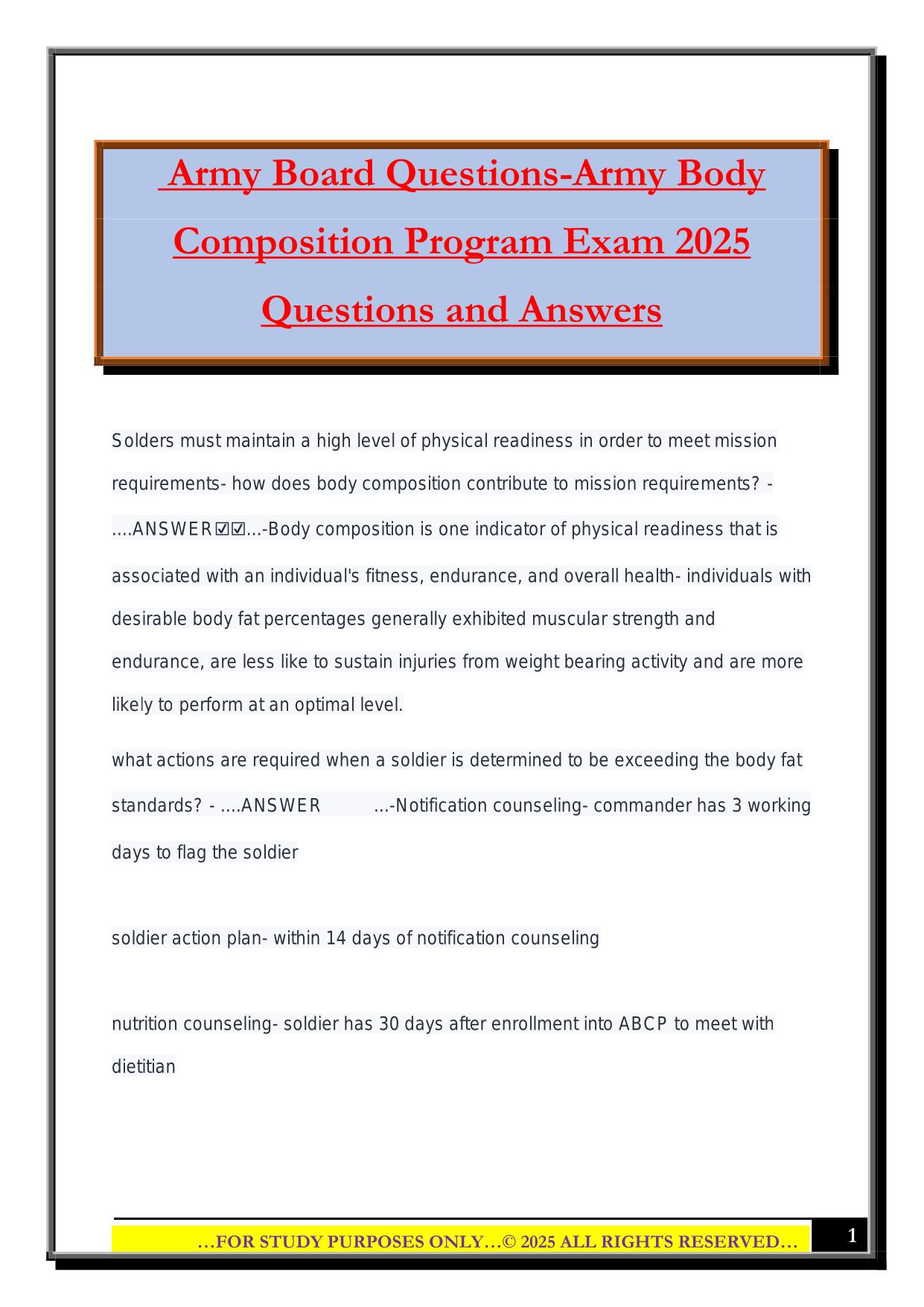 Army Board Questions-Army Body Composition Program Exam 2025 Questions and Answers