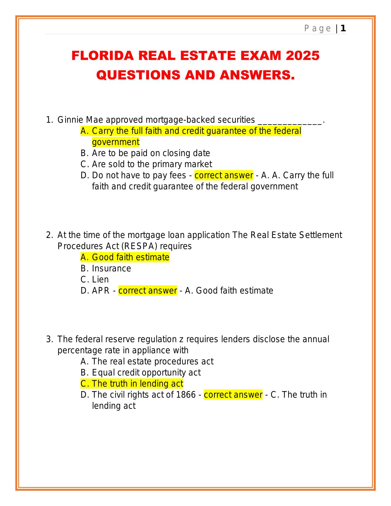 FLORIDA REAL ESTATE EXAM 2025 QUESTIONS AND ANSWERS.