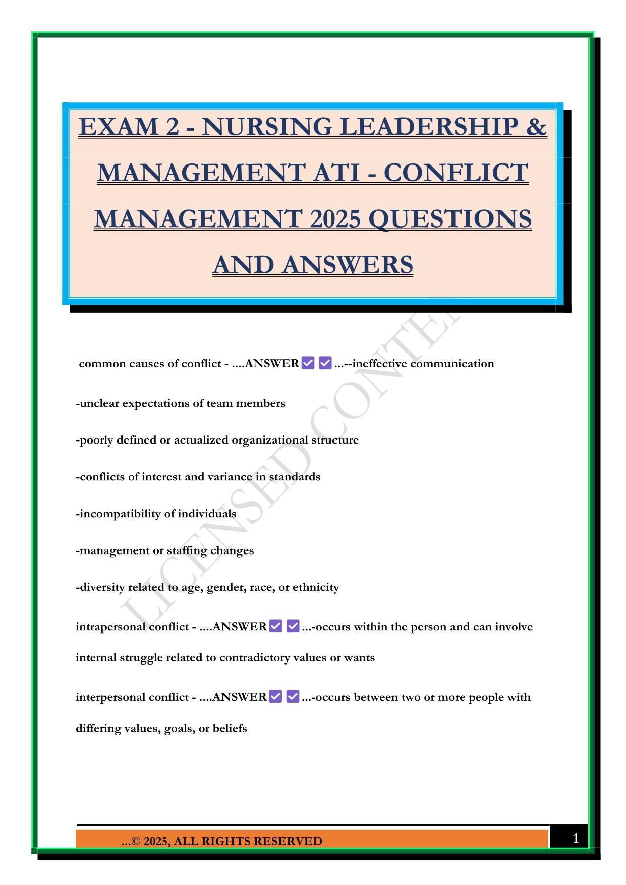 EXAM 2 - NURSING LEADERSHIP & MANAGEMENT ATI - CONFLICT MANAGEMENT 2025 QUESTIONS AND ANSWERS