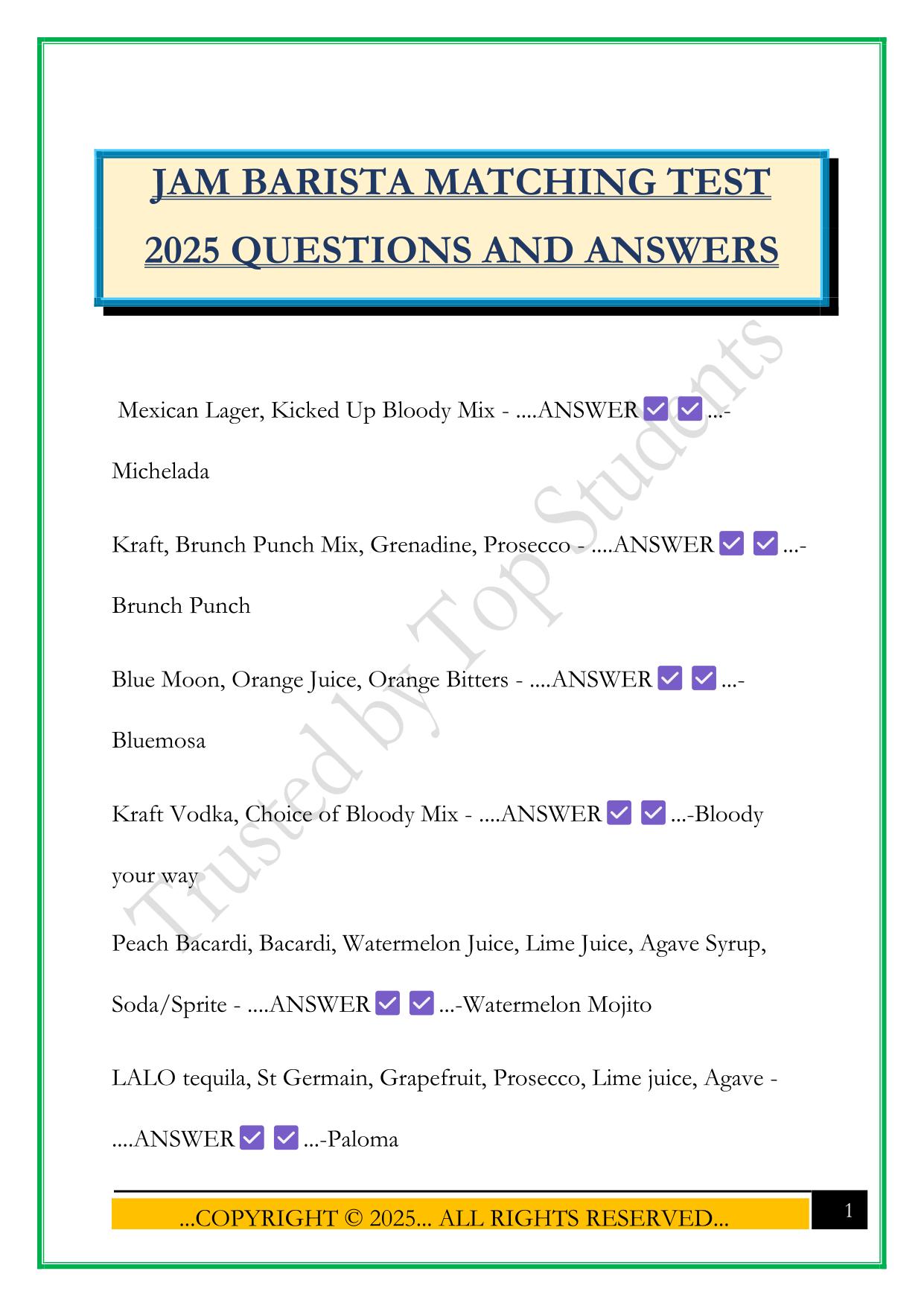 JAM BARISTA MATCHING TEST 2025 QUESTIONS AND ANSWERS