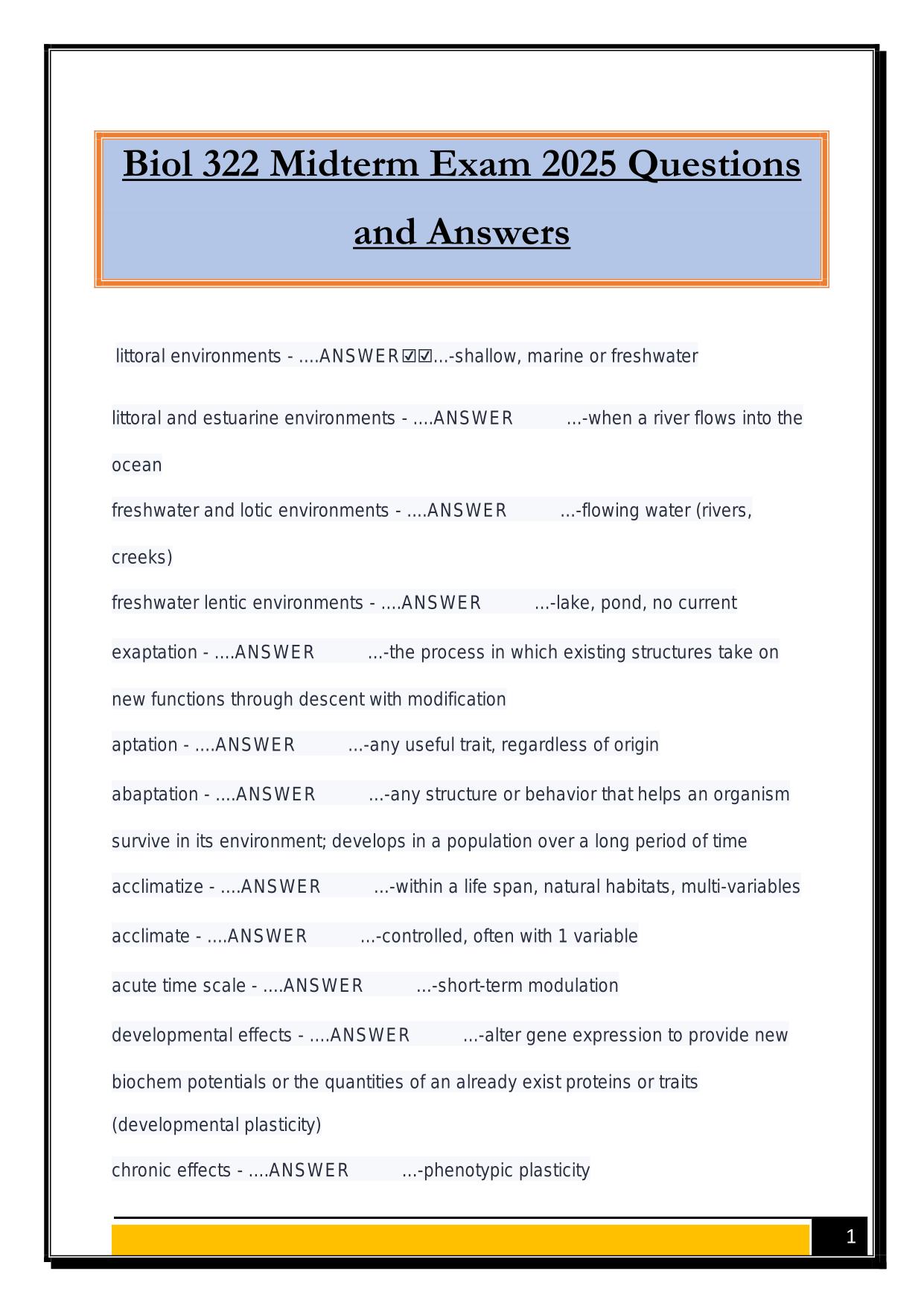 BIO-322 Bundled Exams 2025/2026 |Questions and Answers|100% Pass