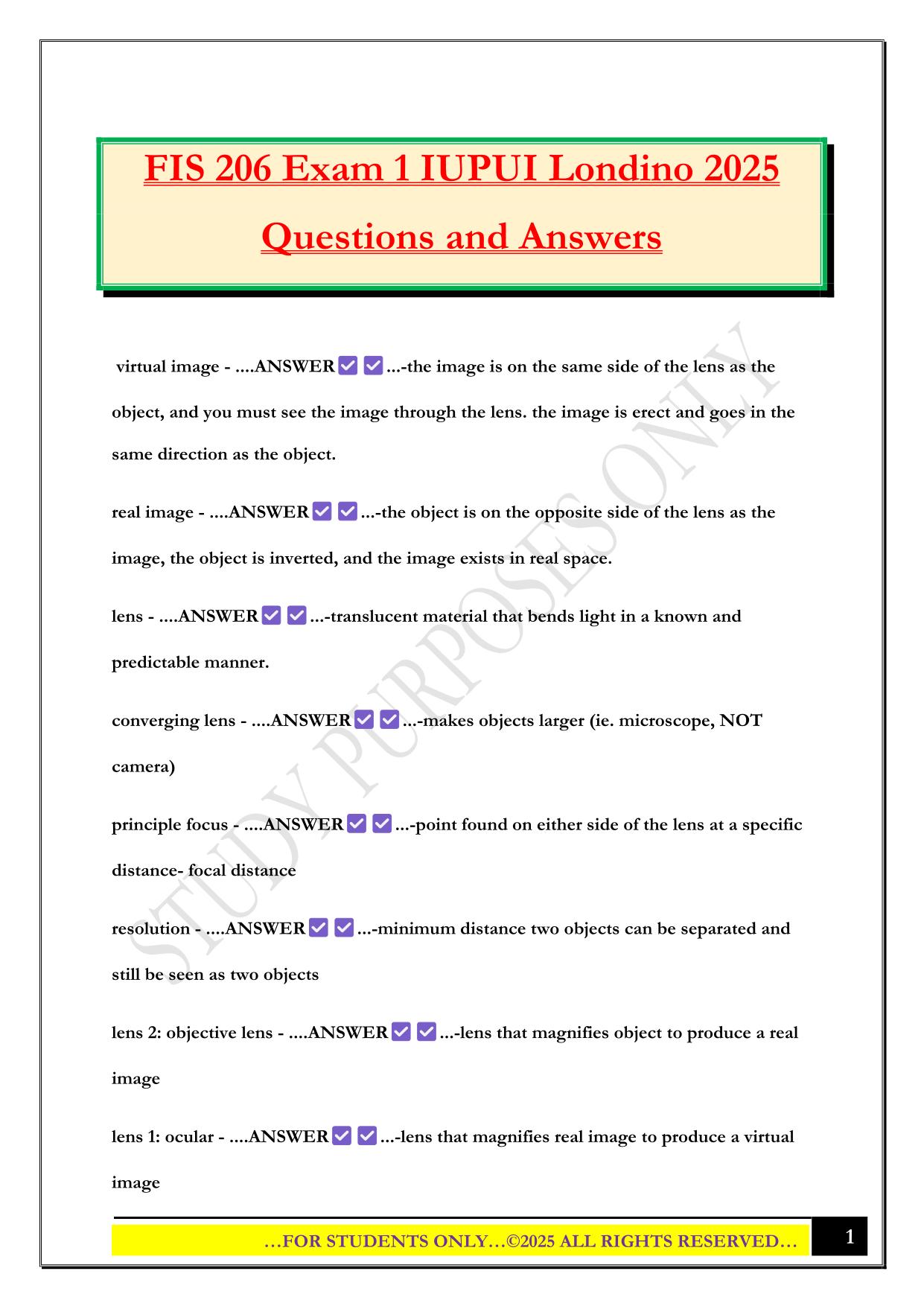 FIS 206 Exam 1 IUPUI Londino 2025 Questions and Answers