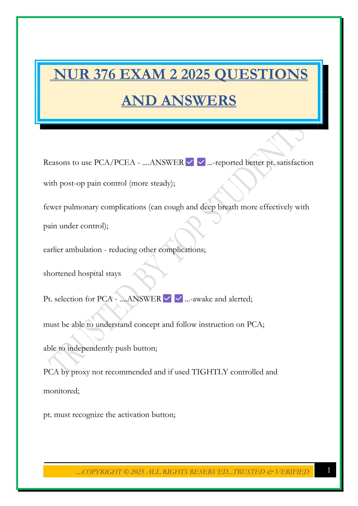 NUR 376 EXAM 2 2025 QUESTIONS AND ANSWERS