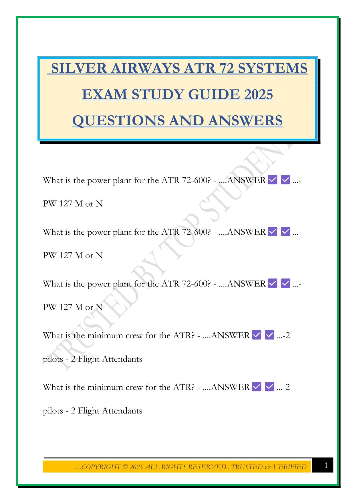 SILVER AIRWAYS ATR 72 SYSTEMS EXAM STUDY GUIDE 2025 QUESTIONS AND ANSWERS