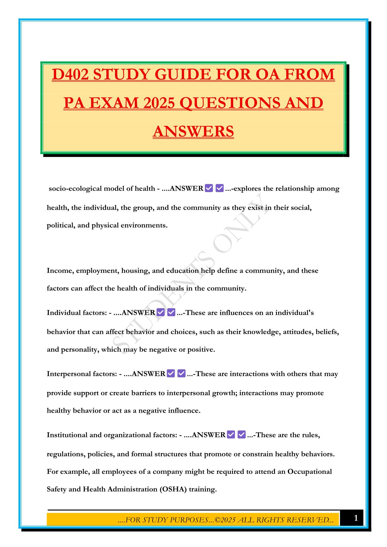 D402 STUDY GUIDE FOR OA FROM PA EXAM 2025 QUESTIONS AND ANSWERS