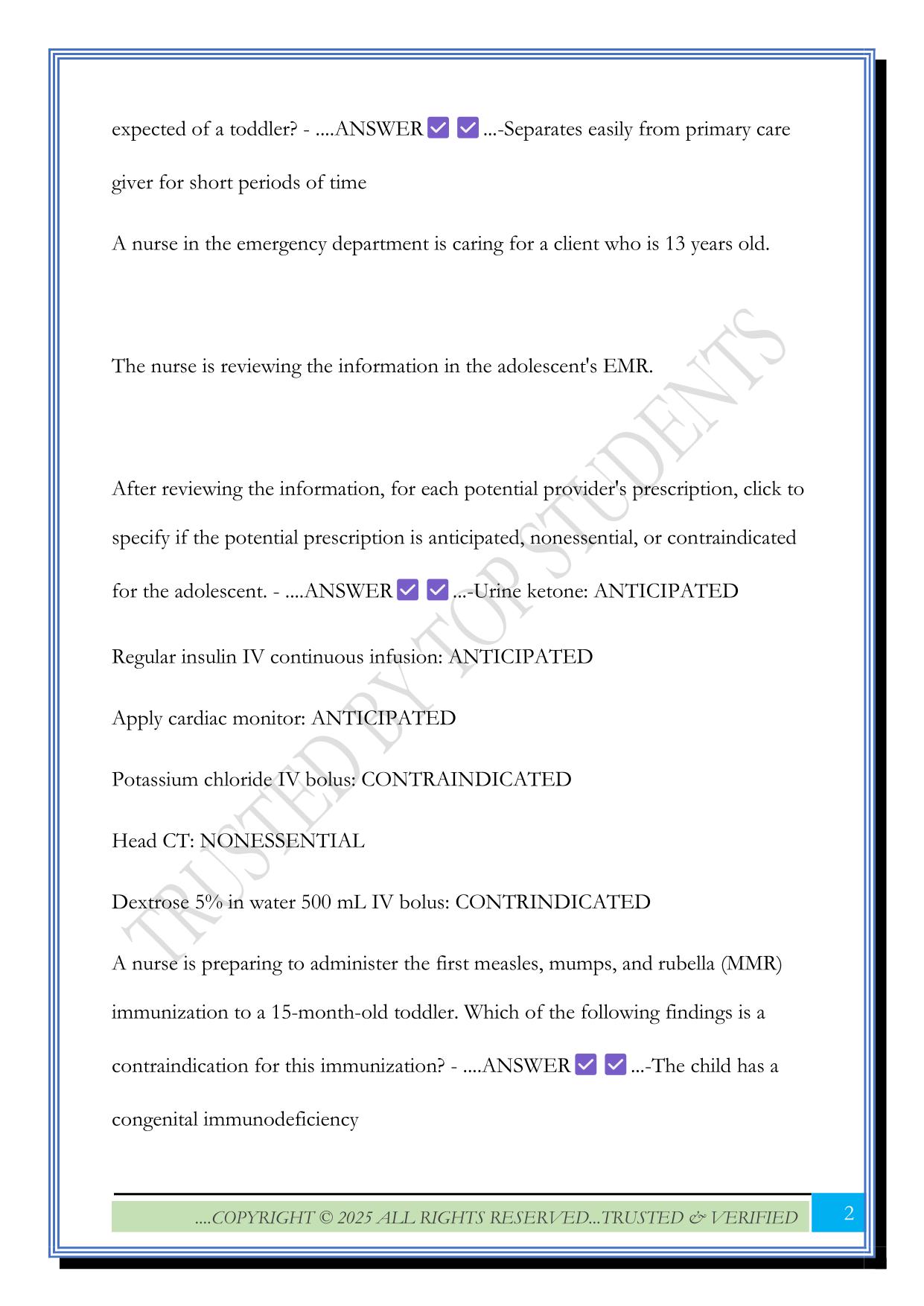 Nursing Care of Children - Pre- Assessment Quiz 2025 Questions and Answers