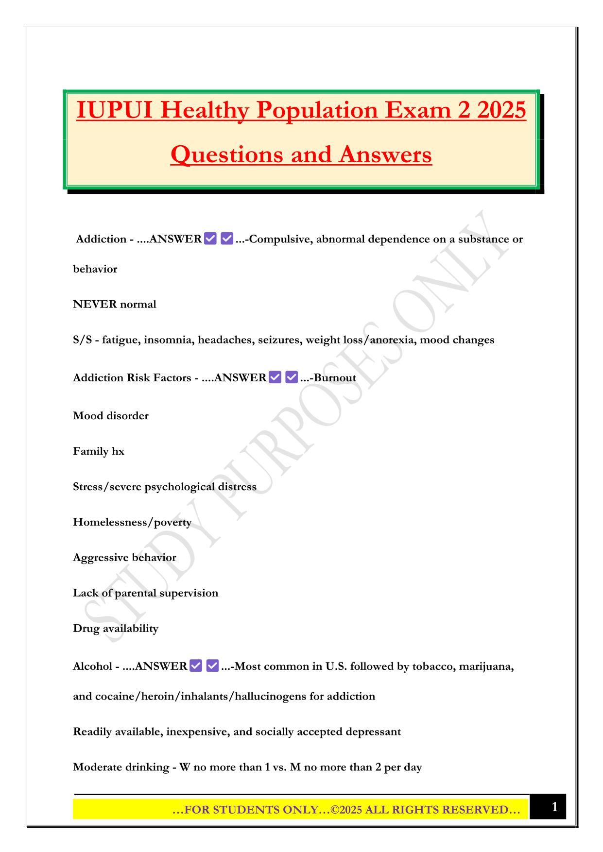 IUPUI Healthy Population Exam 2 2025 Questions and Answers