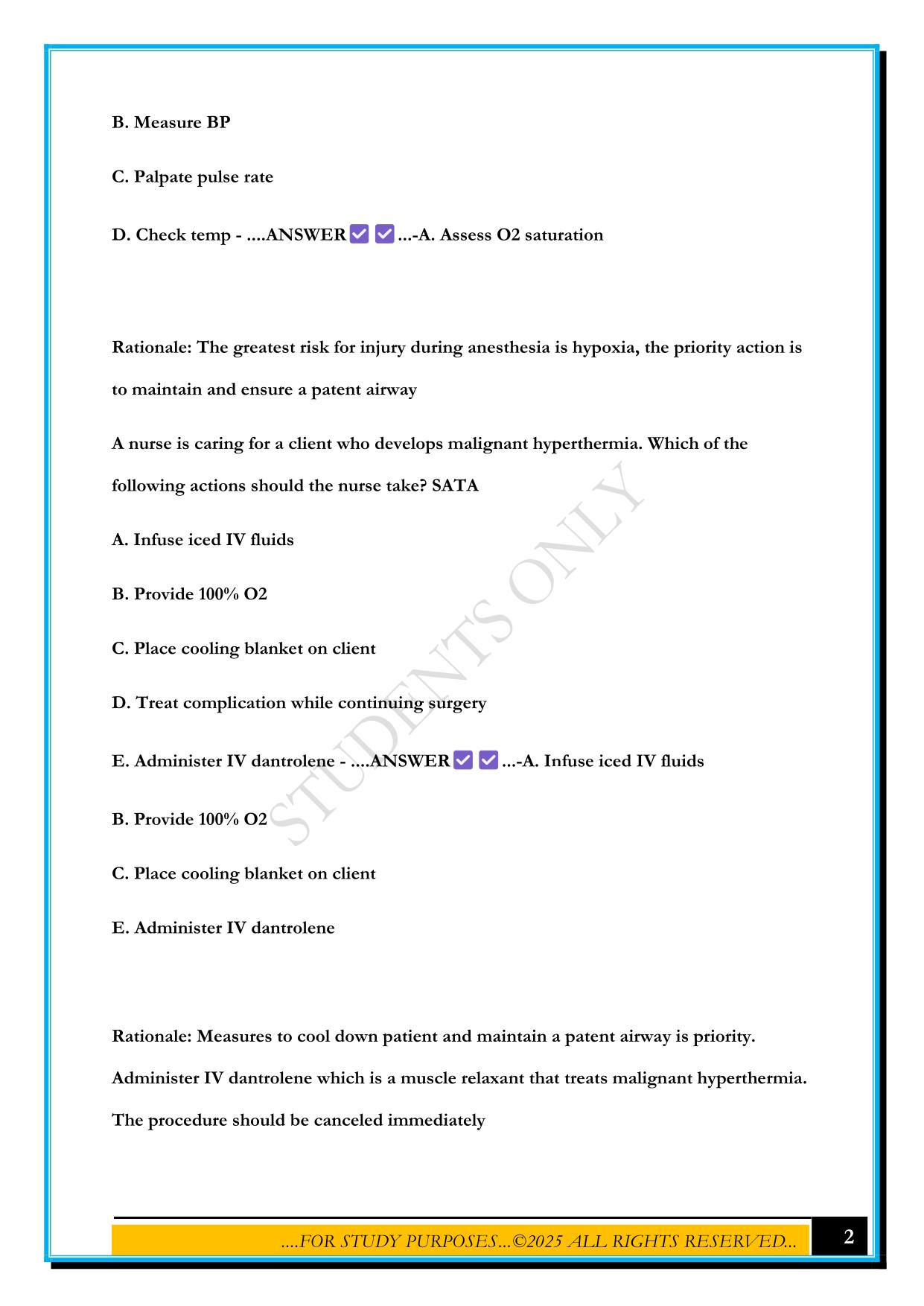 ANESTHESIA, MODERATE SEDATION, PRE AND POST NURSING CARE PRACTICE QUESTIONS 2025 WITH ANSWERS