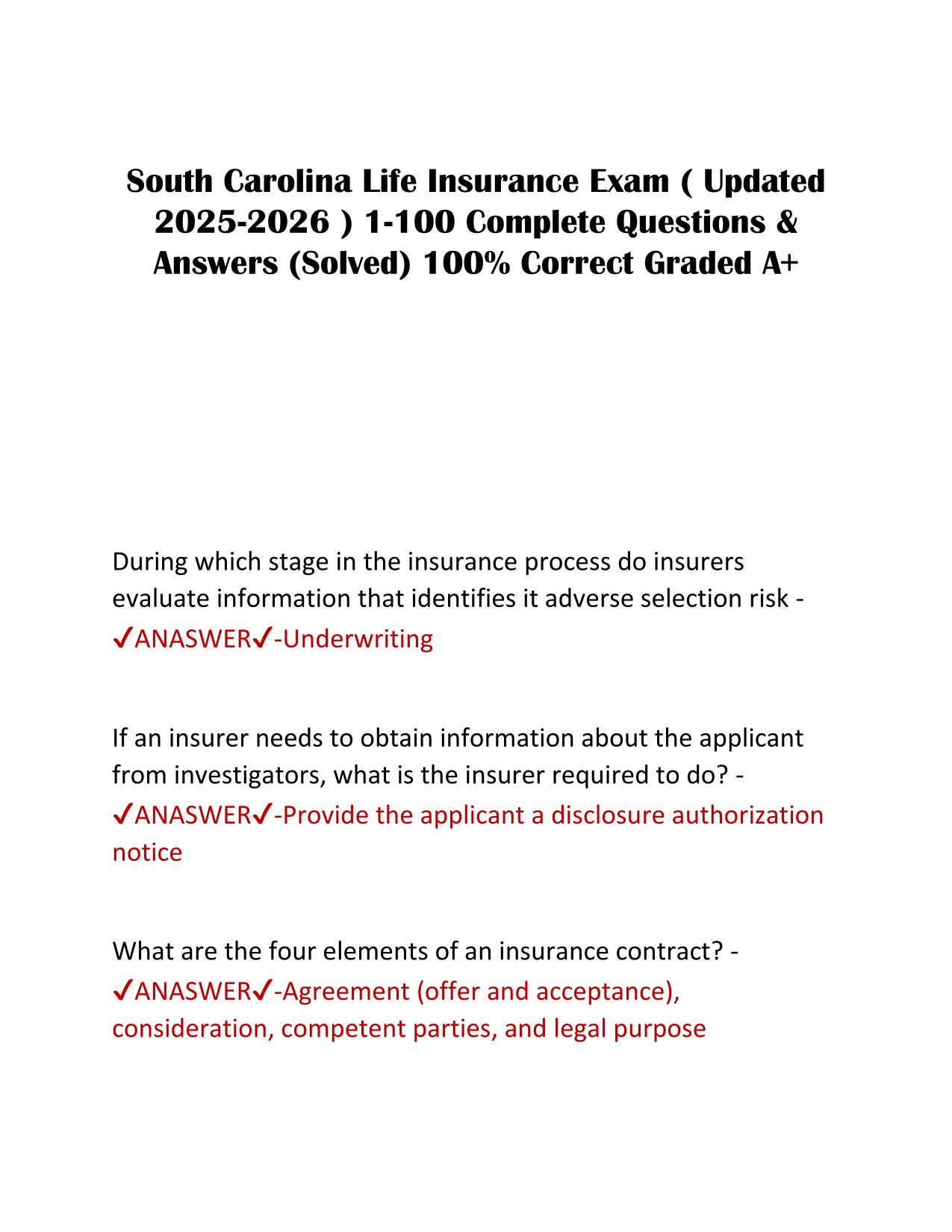 South Carolina Life Insurance Exam ( Updated 2025-2026 ) 1-100 Complete Questions & Answers (Solved) 100% Correct Graded A+
