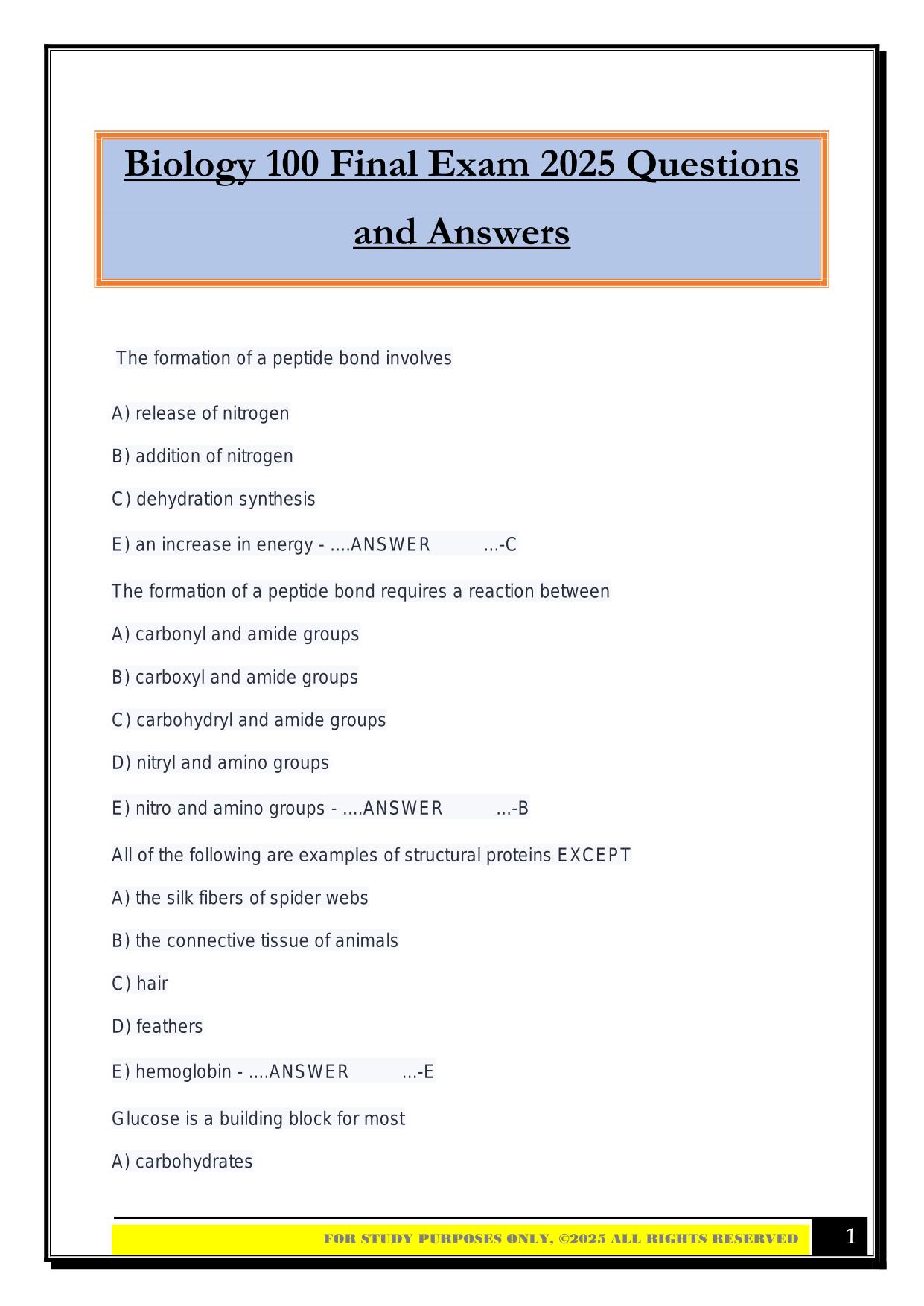 Biology 100 Final Exam 2025 Questions and Answers