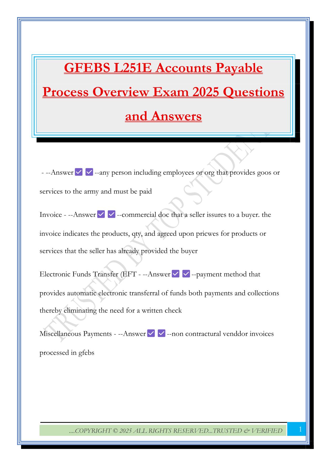 GFEBS L251E Accounts Payable Process Overview Exam 2025 Questions and Answers