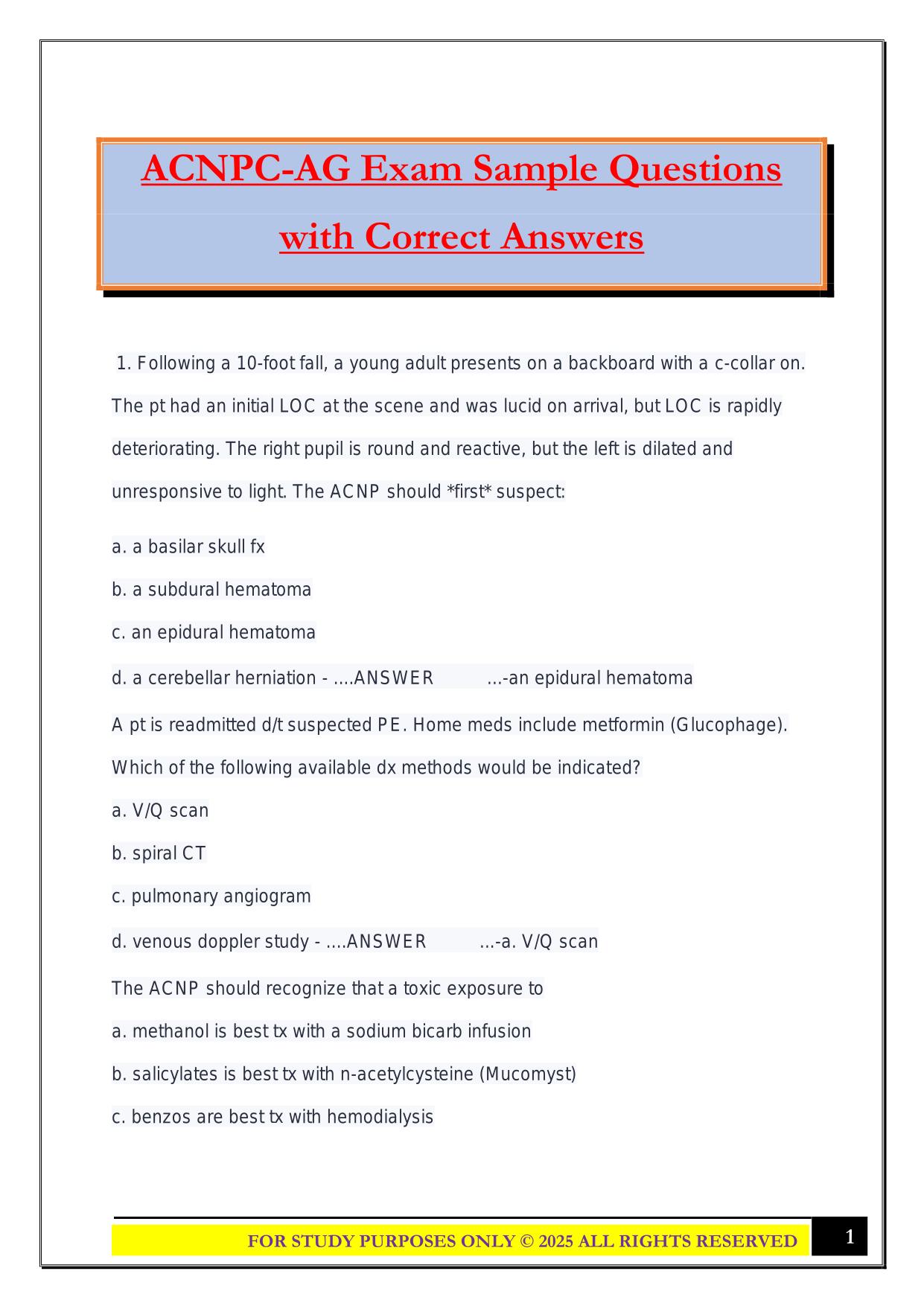 ACNPC-AG Exam Sample Questions with Correct Answers