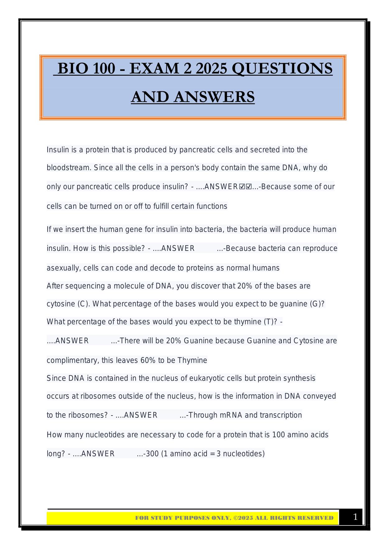 BIO 100 - EXAM 2 2025 QUESTIONS AND ANSWERS
