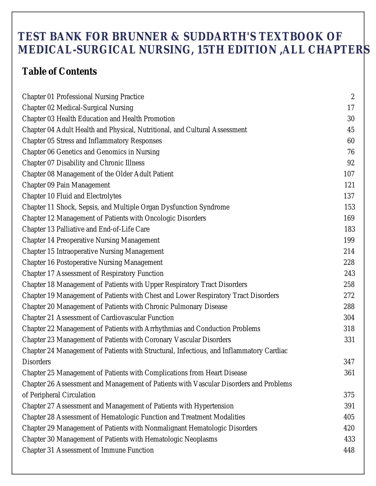 Test Bank For Brunner & Suddarth's Textbook of Medical- Surgical Nursing 15th Edition By Janice L Hinkle, Kerry H. Cheever, Et al. | Complete |Chapters 1-68