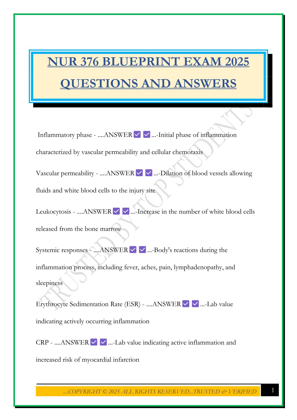 NUR 376 BLUEPRINT EXAM 2025 QUESTIONS AND ANSWERS