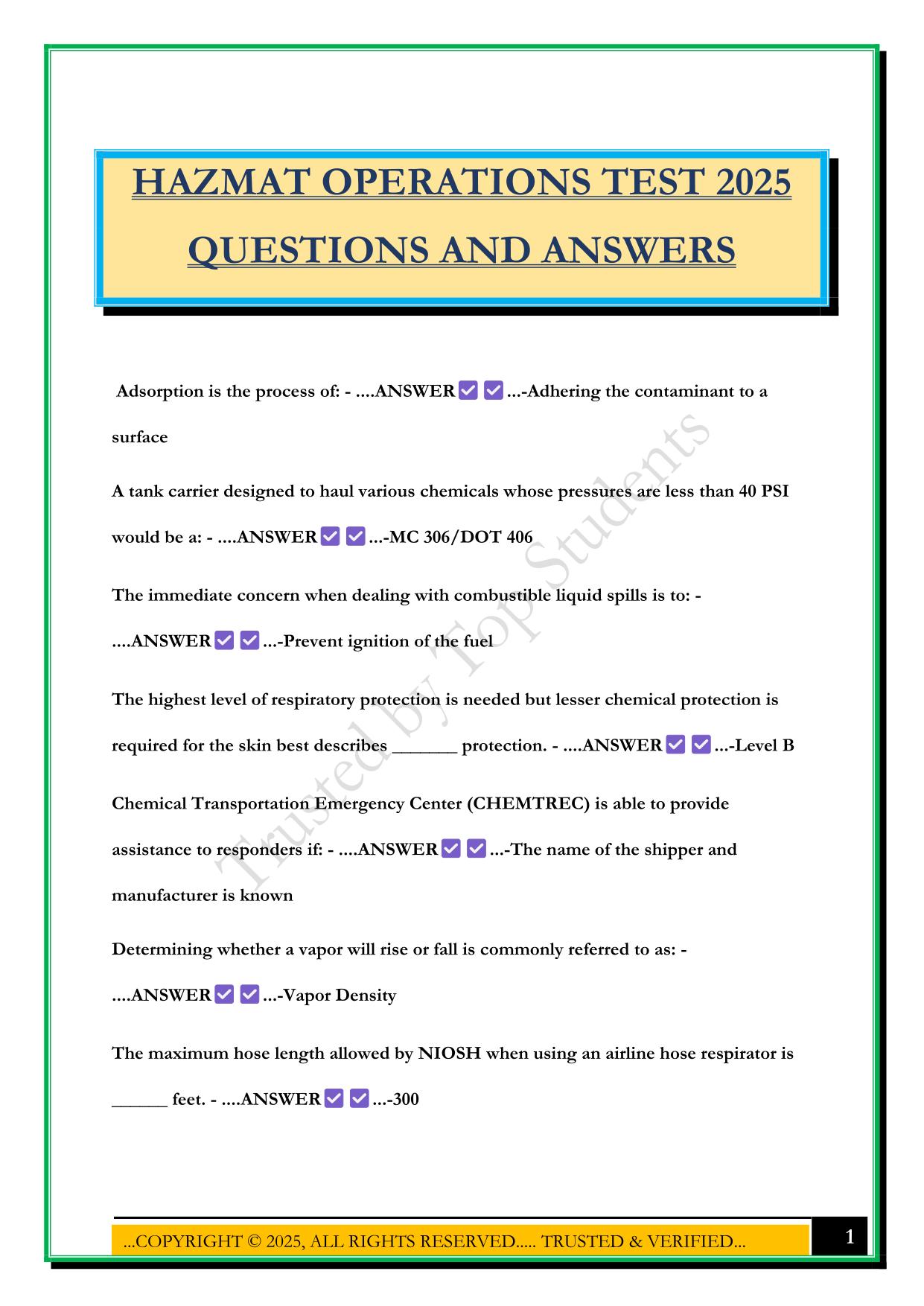 HAZMAT OPERATIONS TEST 2025 QUESTIONS AND ANSWERS