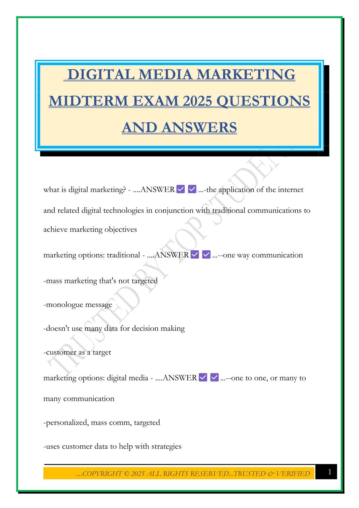 DIGITAL MEDIA MARKETING MIDTERM EXAM 2025 QUESTIONS AND ANSWERS