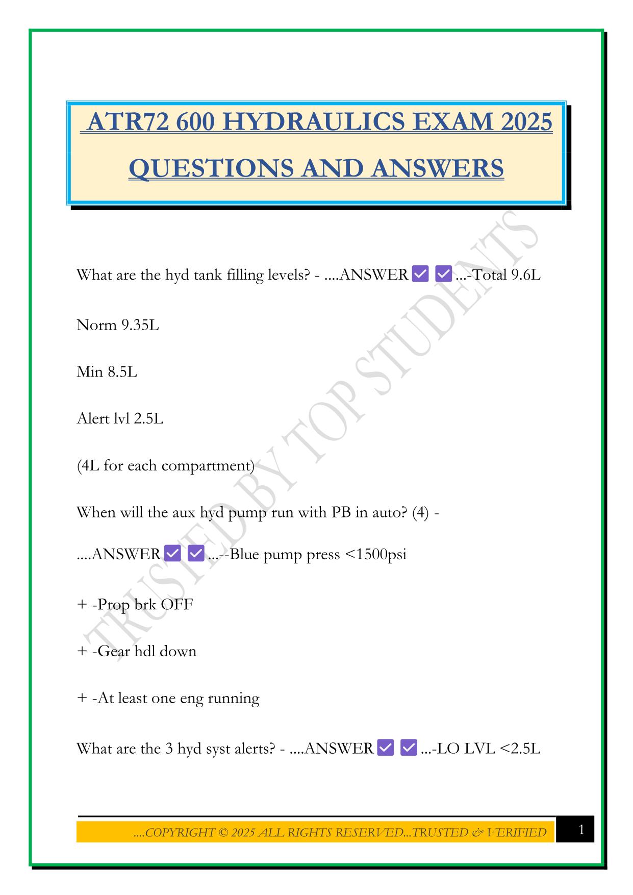 ATR72 600 HYDRAULICS EXAM 2025 QUESTIONS AND ANSWERS