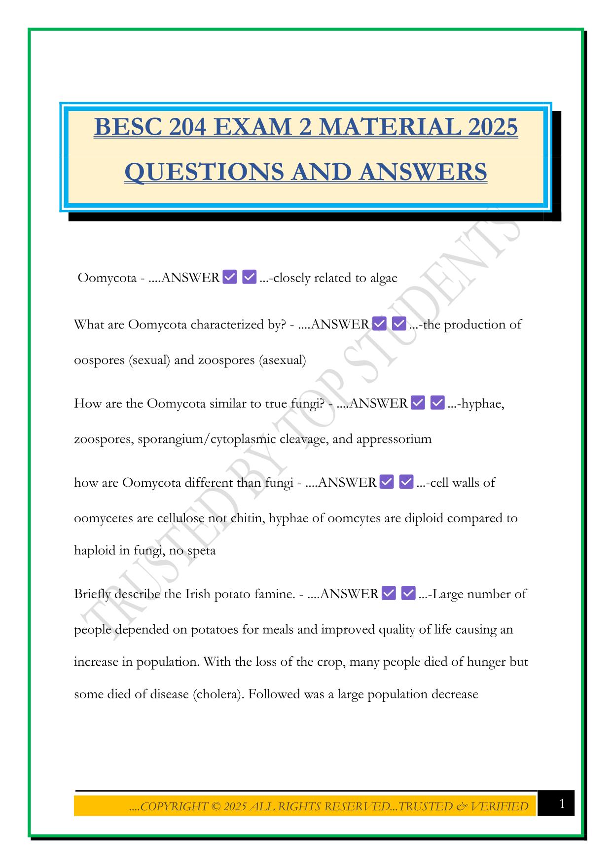 BESC 204 EXAM 2 MATERIAL 2025 QUESTIONS AND ANSWERS