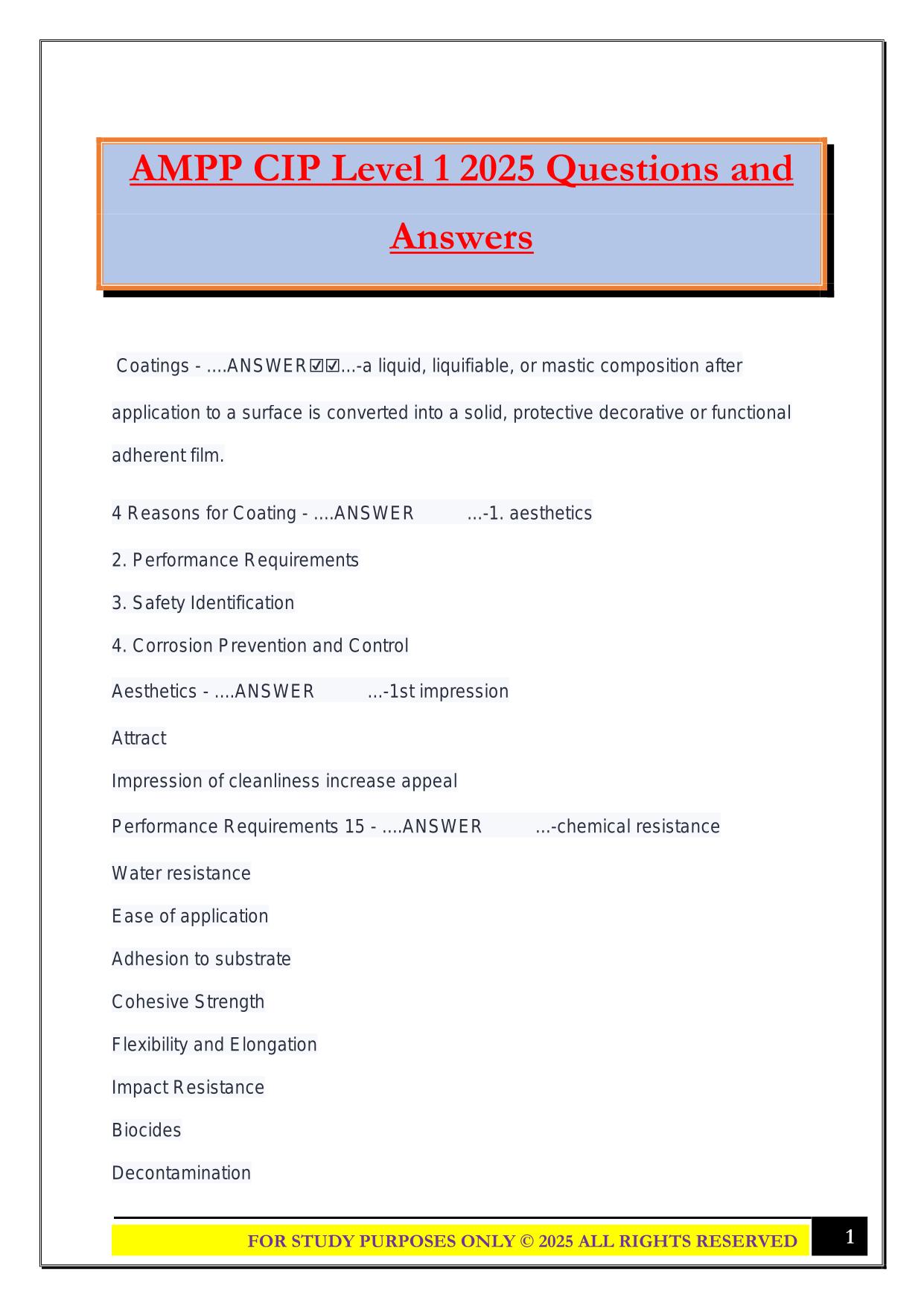 AMPP CIP Level 1 2025 Questions and Answers