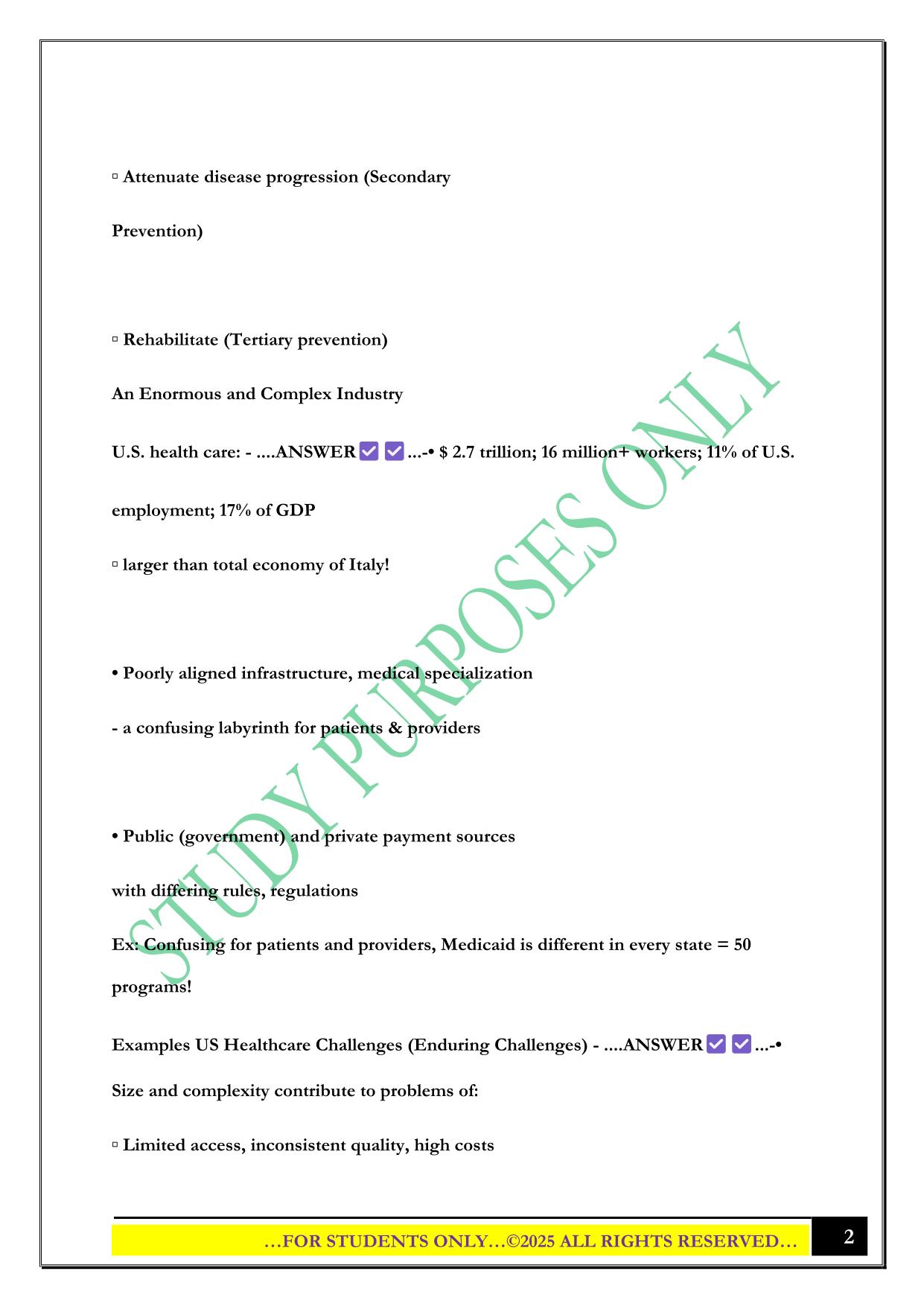 Health Policy 3: The US Health Care System Exam 2025 Questions and Answers