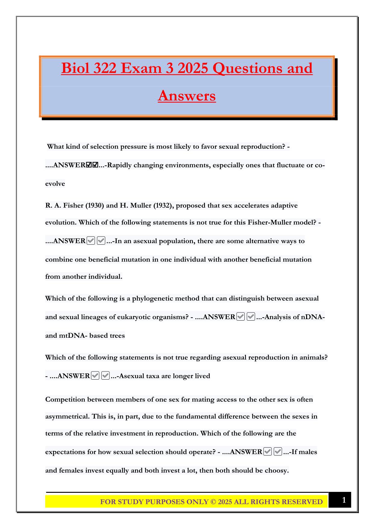 Biol 322 Exam 3 2025 Questions and Answers