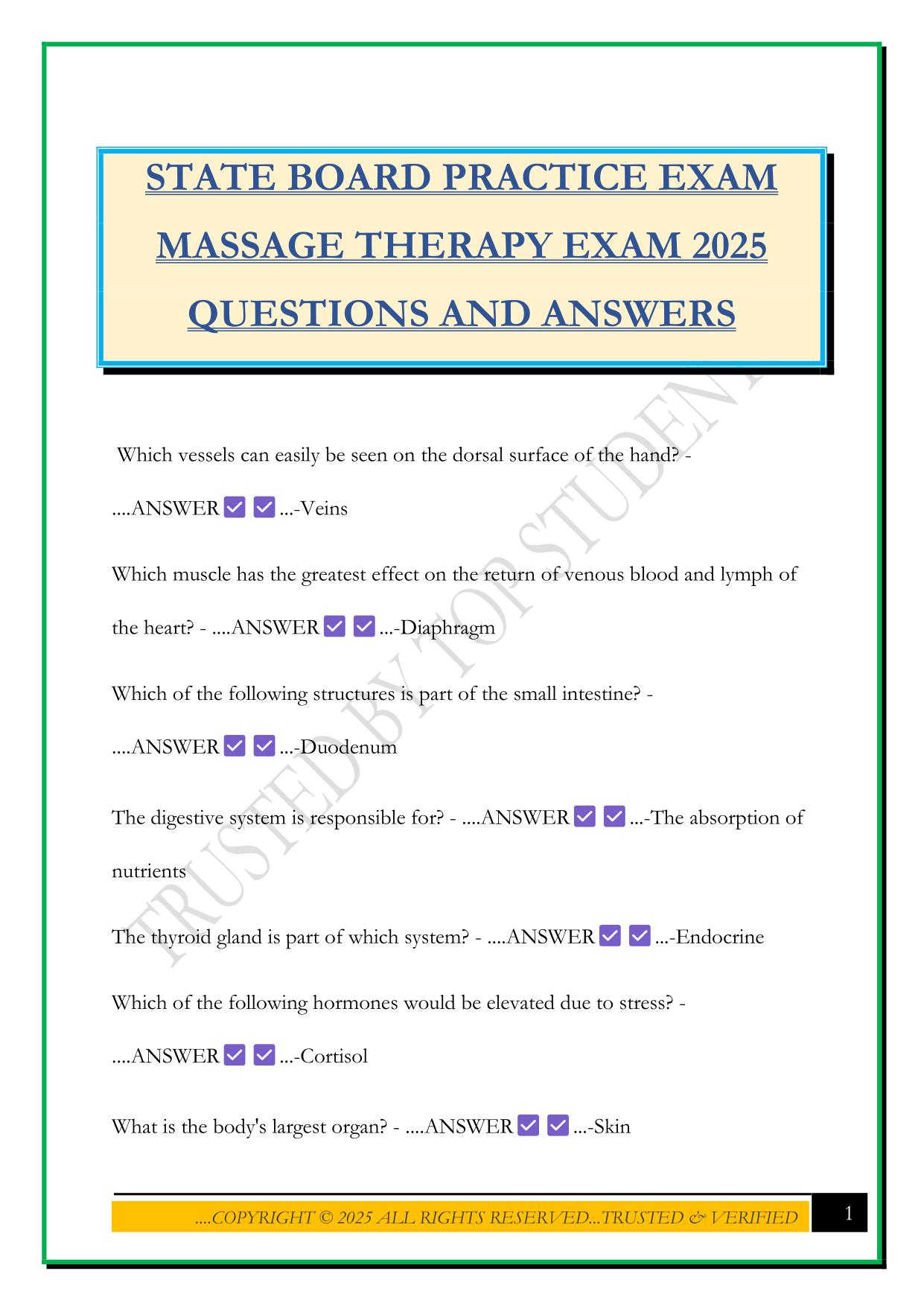 STATE BOARD PRACTICE EXAM MASSAGE THERAPY EXAM 2025 QUESTIONS AND ANSWERS
