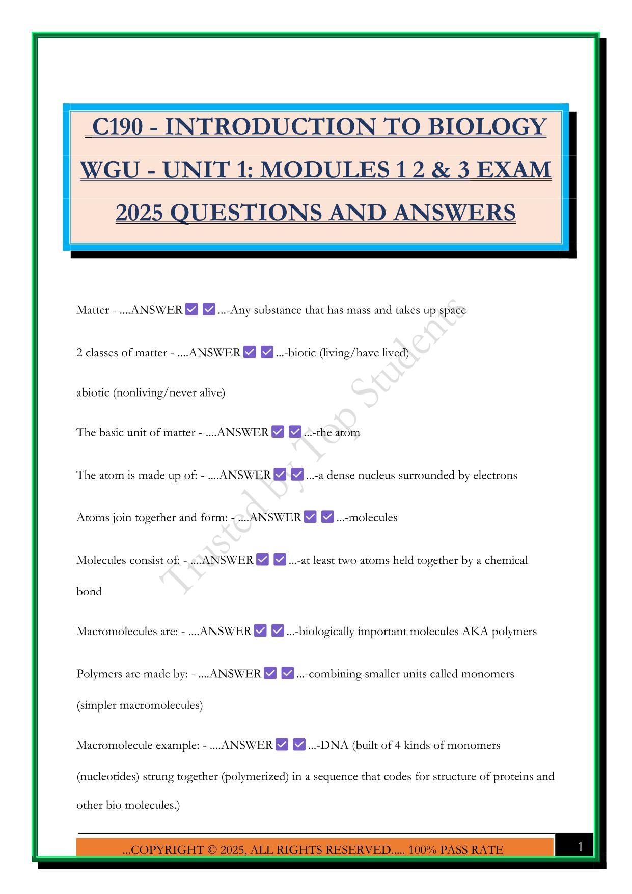 C190 - INTRODUCTION TO BIOLOGY WGU - UNIT 1: MODULES 1 2 & 3 EXAM 2025 QUESTIONS AND ANSWERS