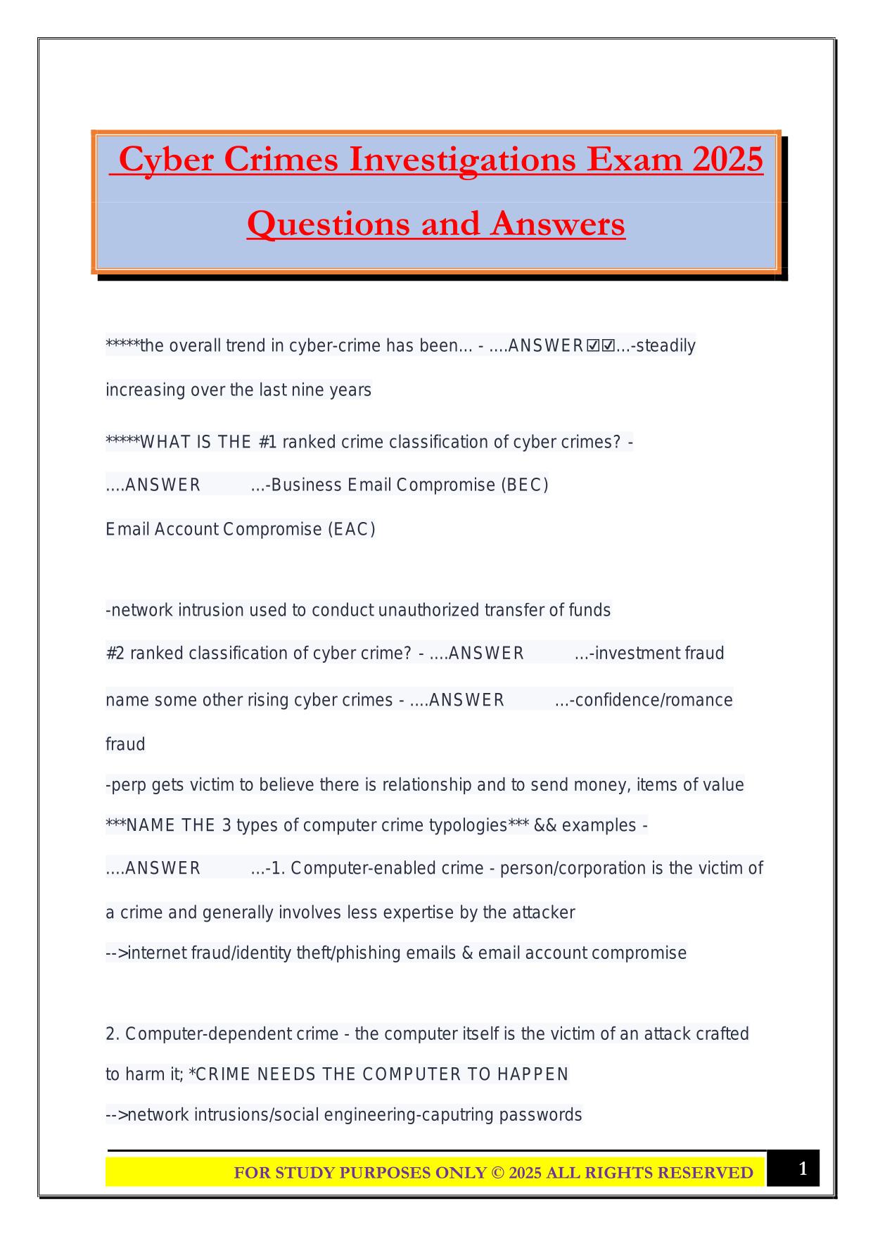 Cyber Crimes Investigations Exam 2025 Questions and Answers