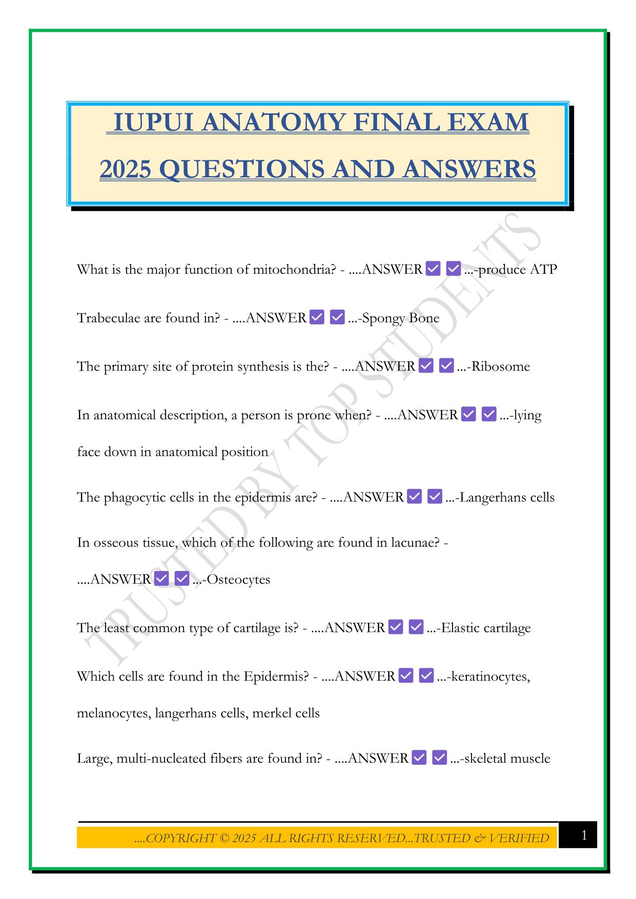 IUPUI ANATOMY FINAL EXAM 2025 QUESTIONS AND ANSWERS