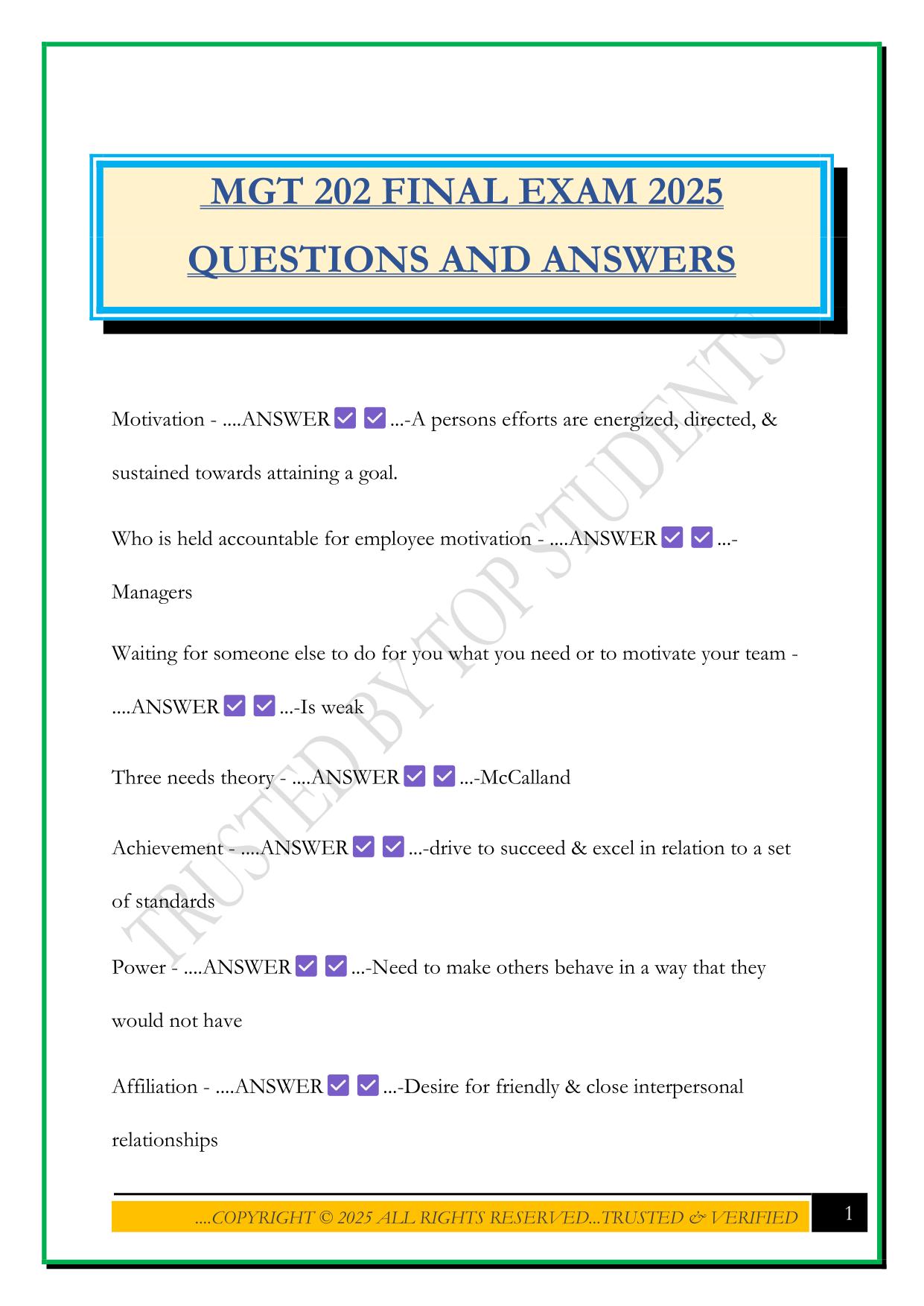 MGT 202 FINAL EXAM 2025 QUESTIONS AND ANSWERS