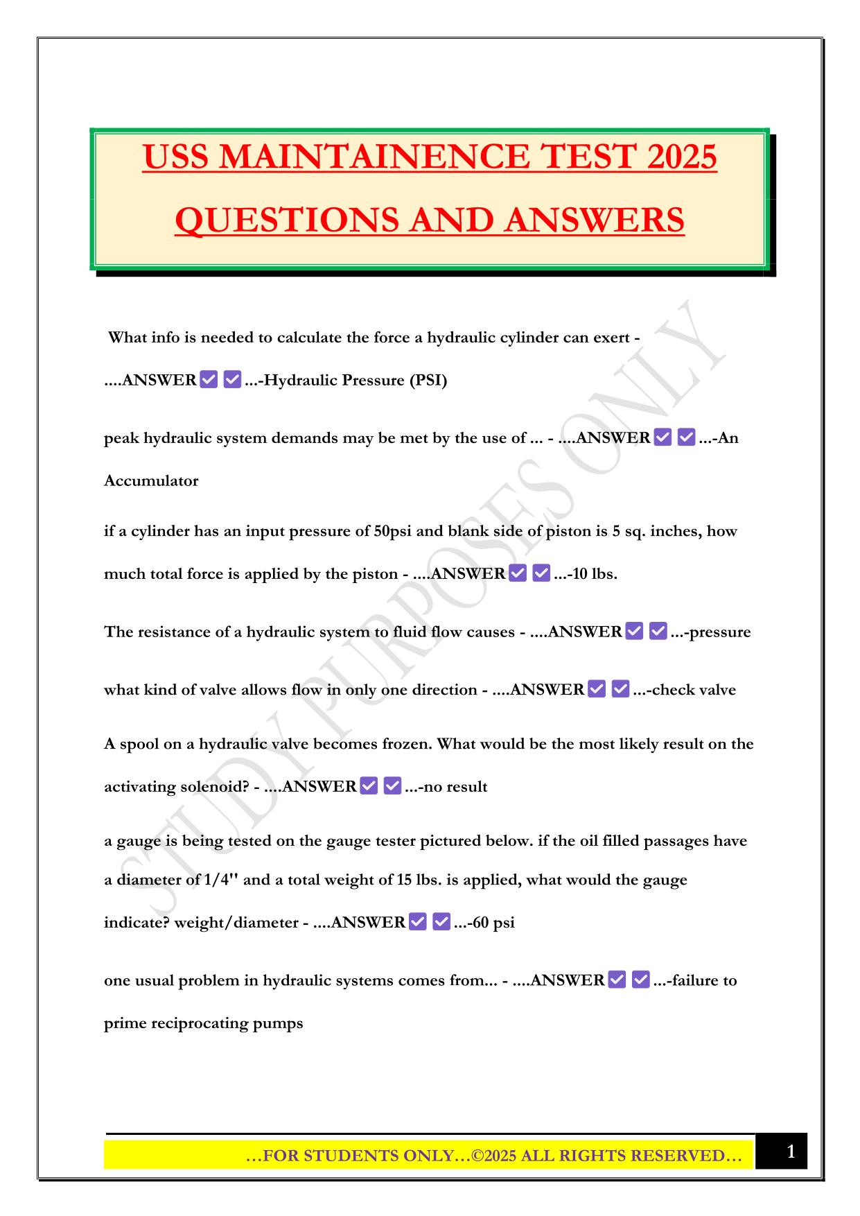 USS MAINTAINENCE TEST 2025 QUESTIONS AND ANSWERS