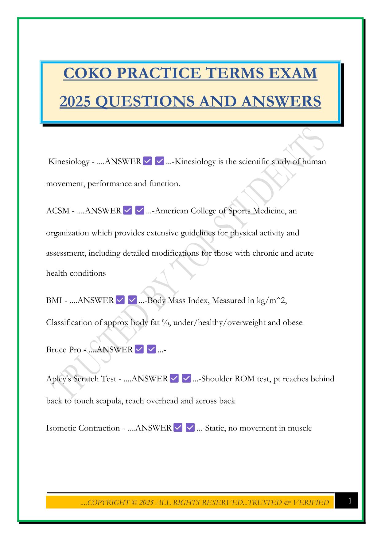 COKO PRACTICE TERMS EXAM 2025 QUESTIONS AND ANSWERS