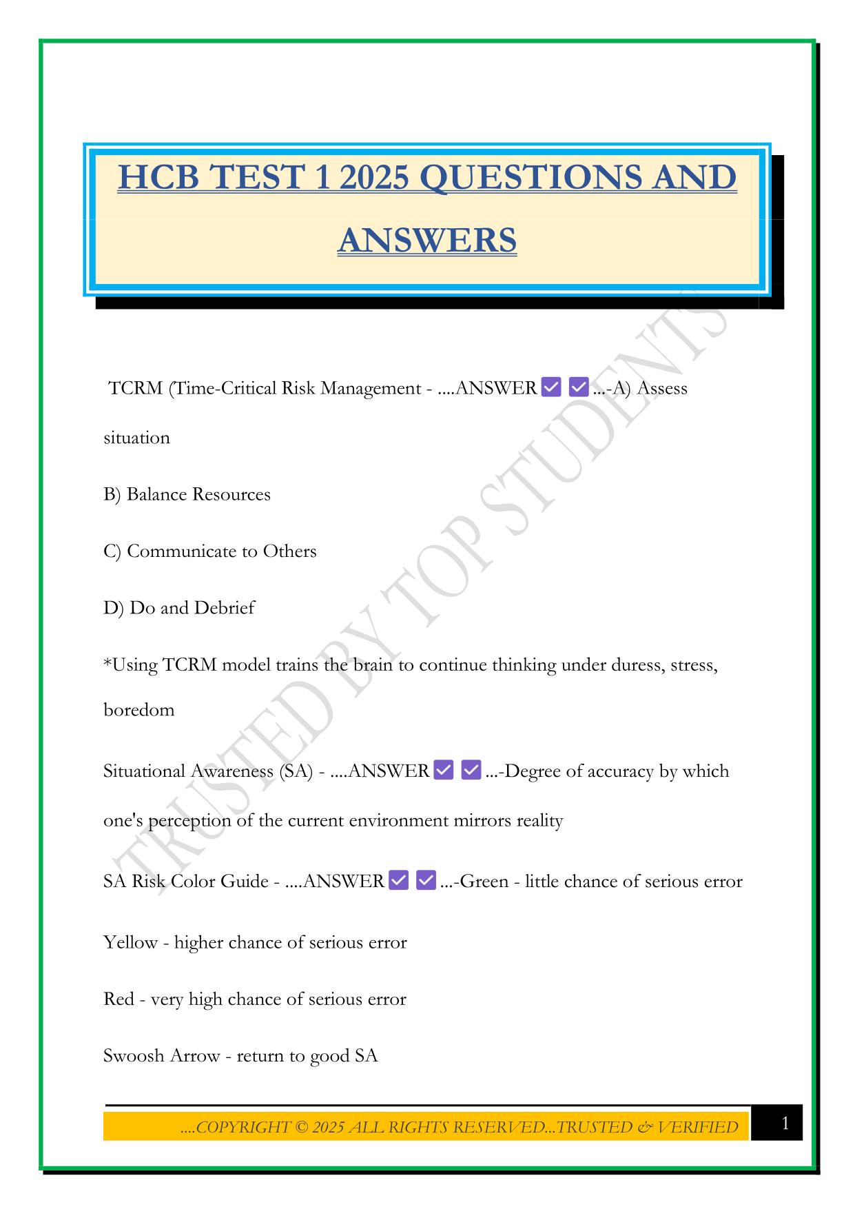 HCB TEST 1 2025 QUESTIONS AND ANSWERS