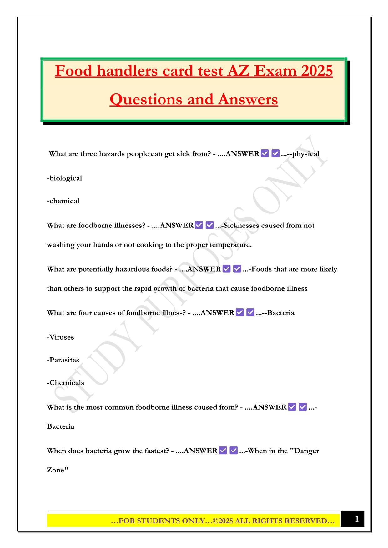 Food handlers card test AZ Exam 2025 Questions and Answers
