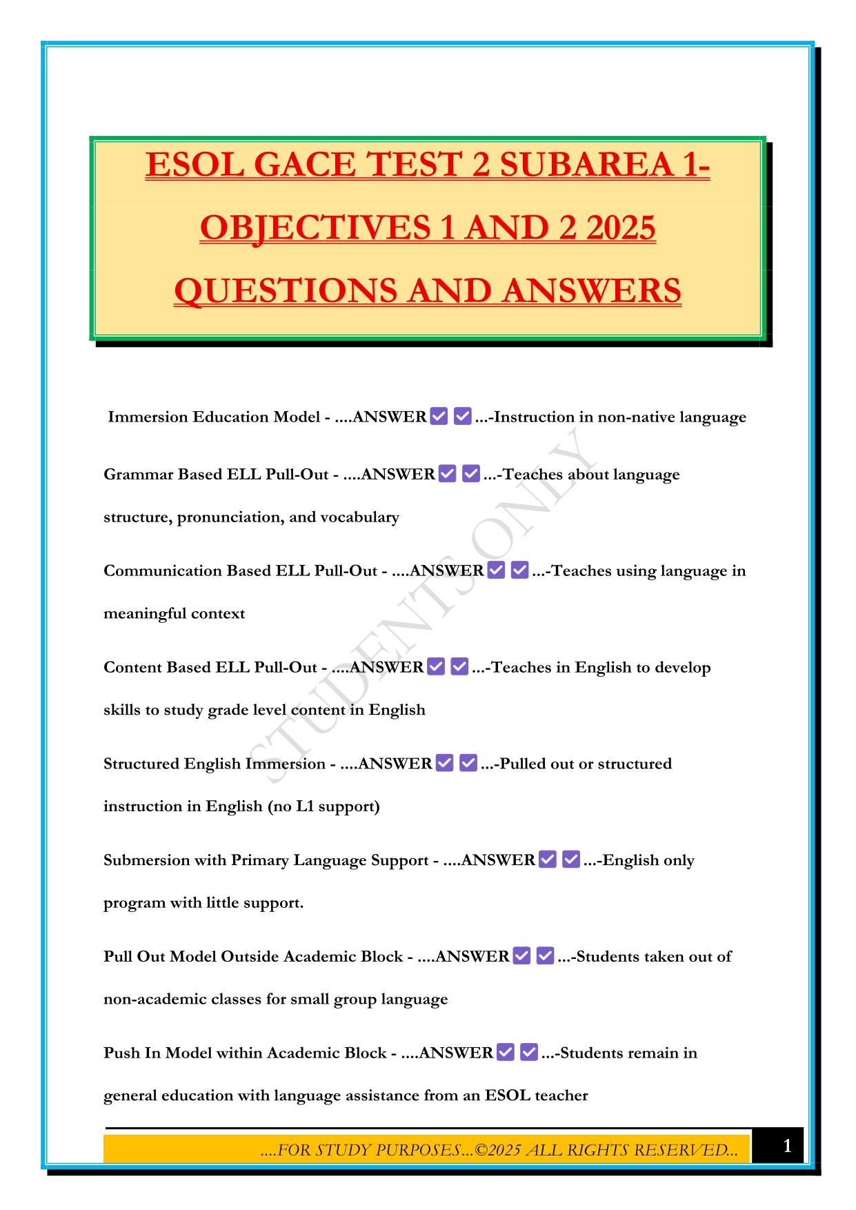 ESOL GACE TEST 2 SUBAREA 1- OBJECTIVES 1 AND 2 2025 QUESTIONS AND ANSWERS