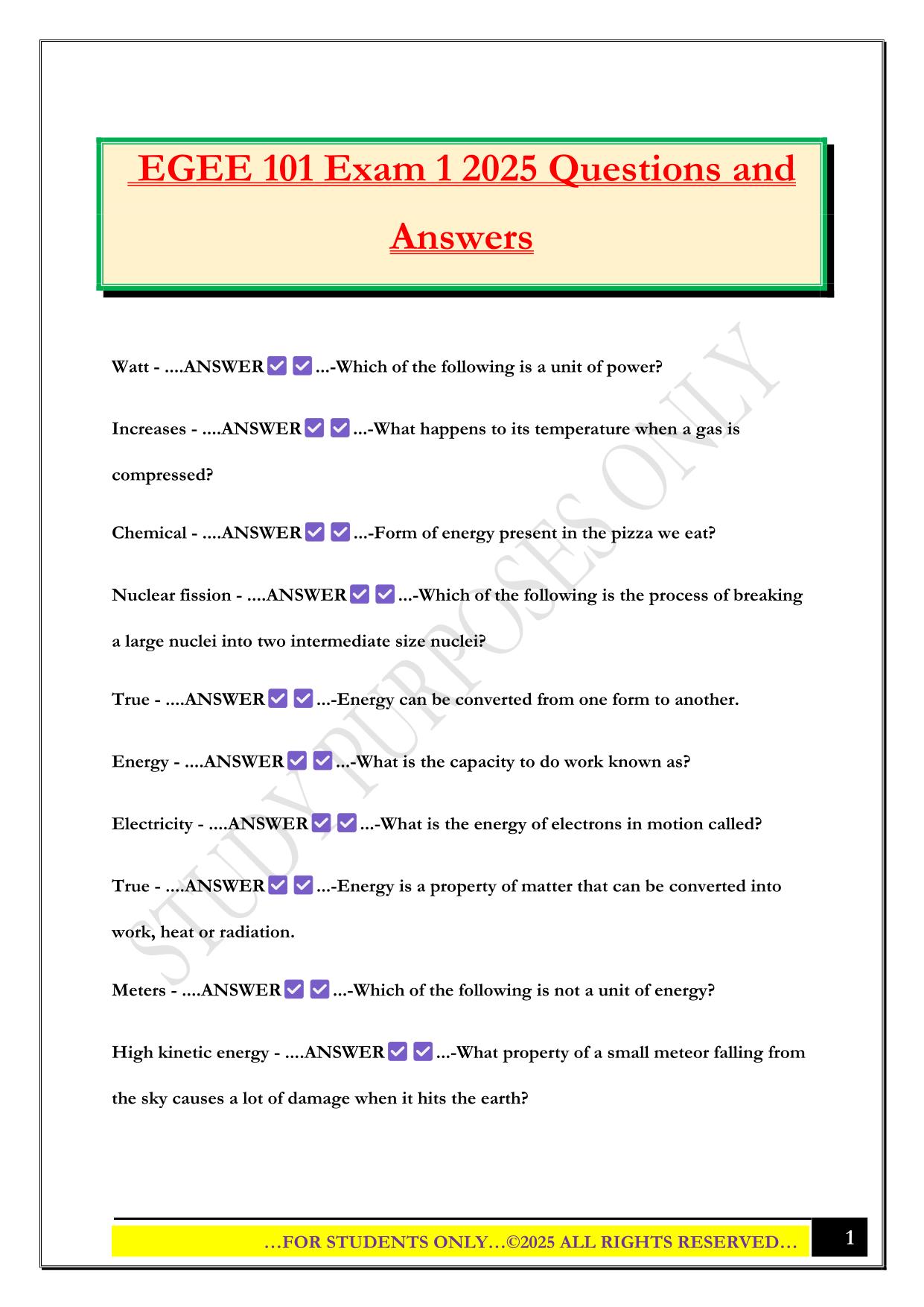 EGEE 101 Exam 1 2025 Questions and Answers