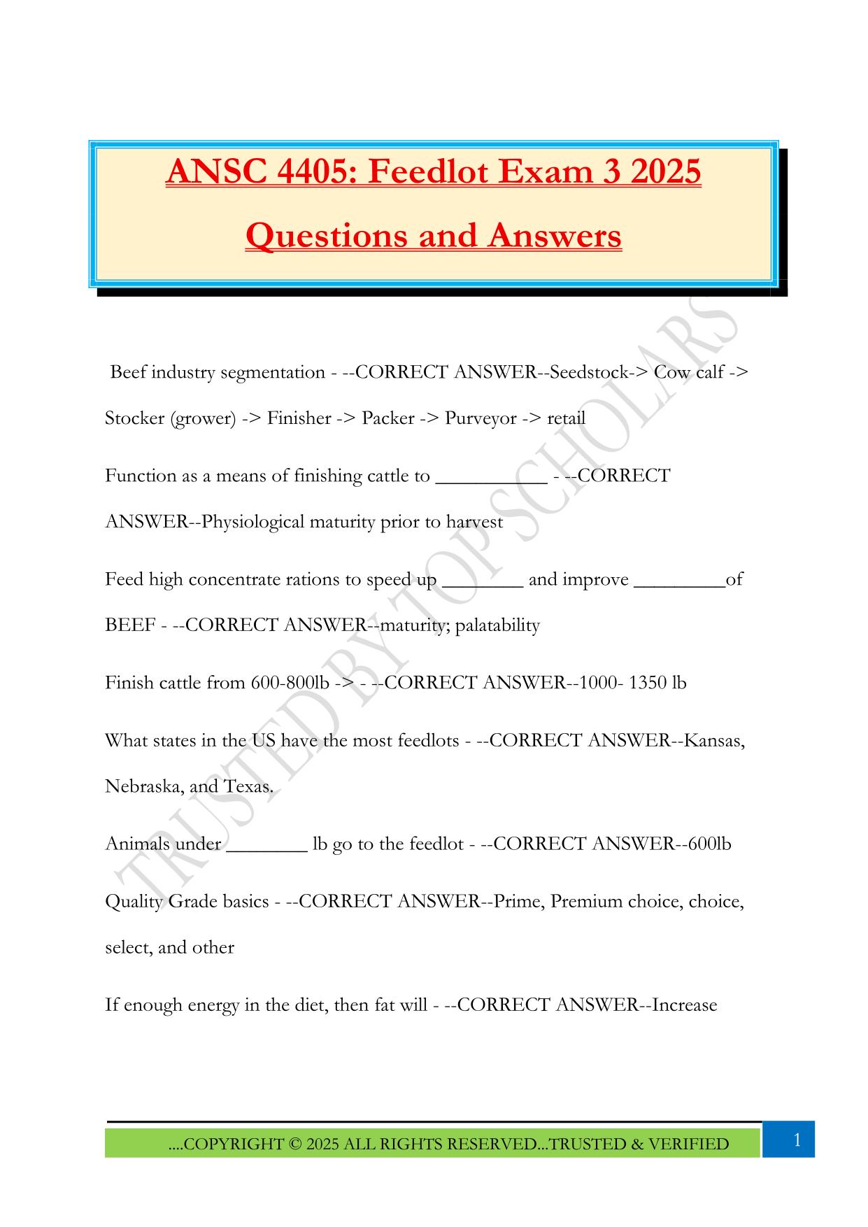 ANSC 4405: Feedlot Exam 3 2025 Questions and Answers