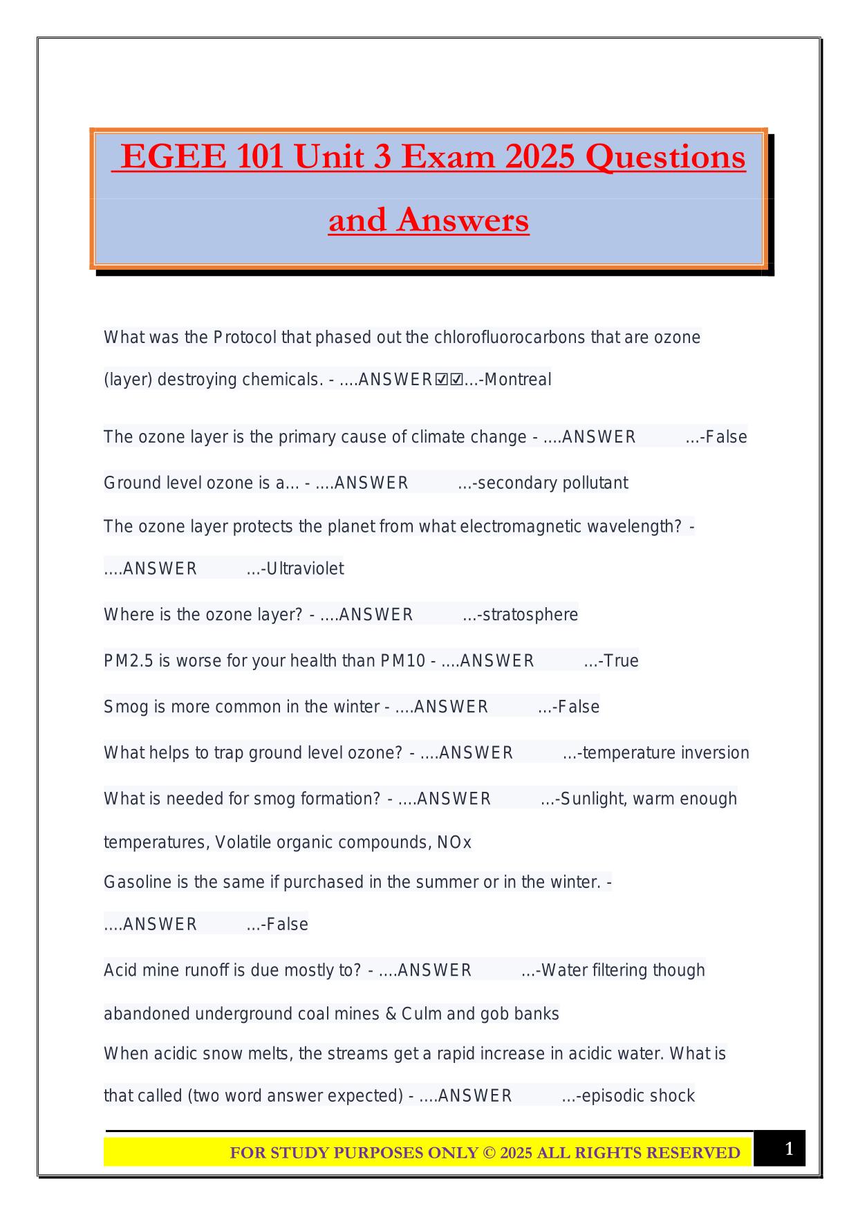 EGEE 101 Unit 3 Exam 2025 Questions and Answers