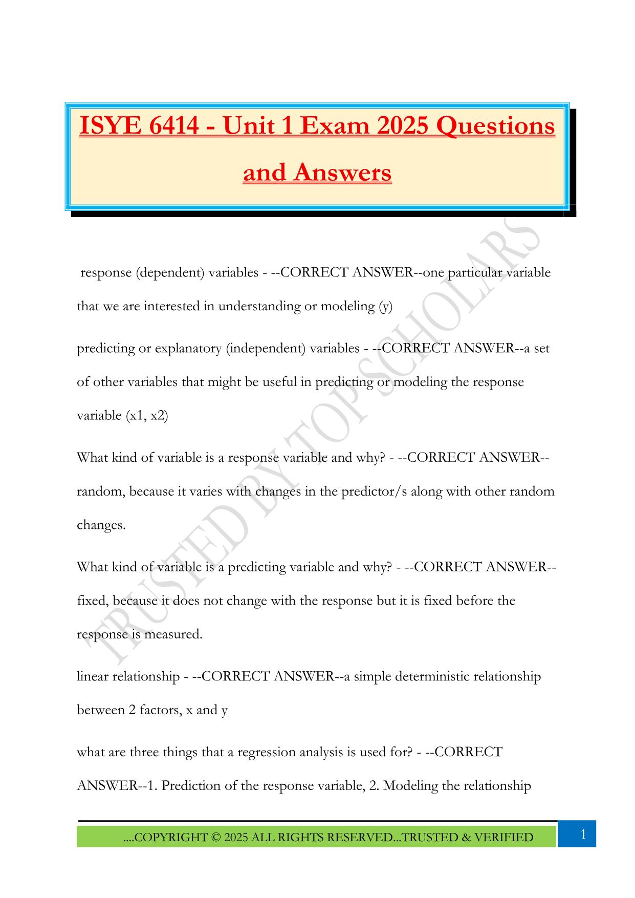 ISYE 6414 - Unit 1 Exam 2025 Questions and Answers