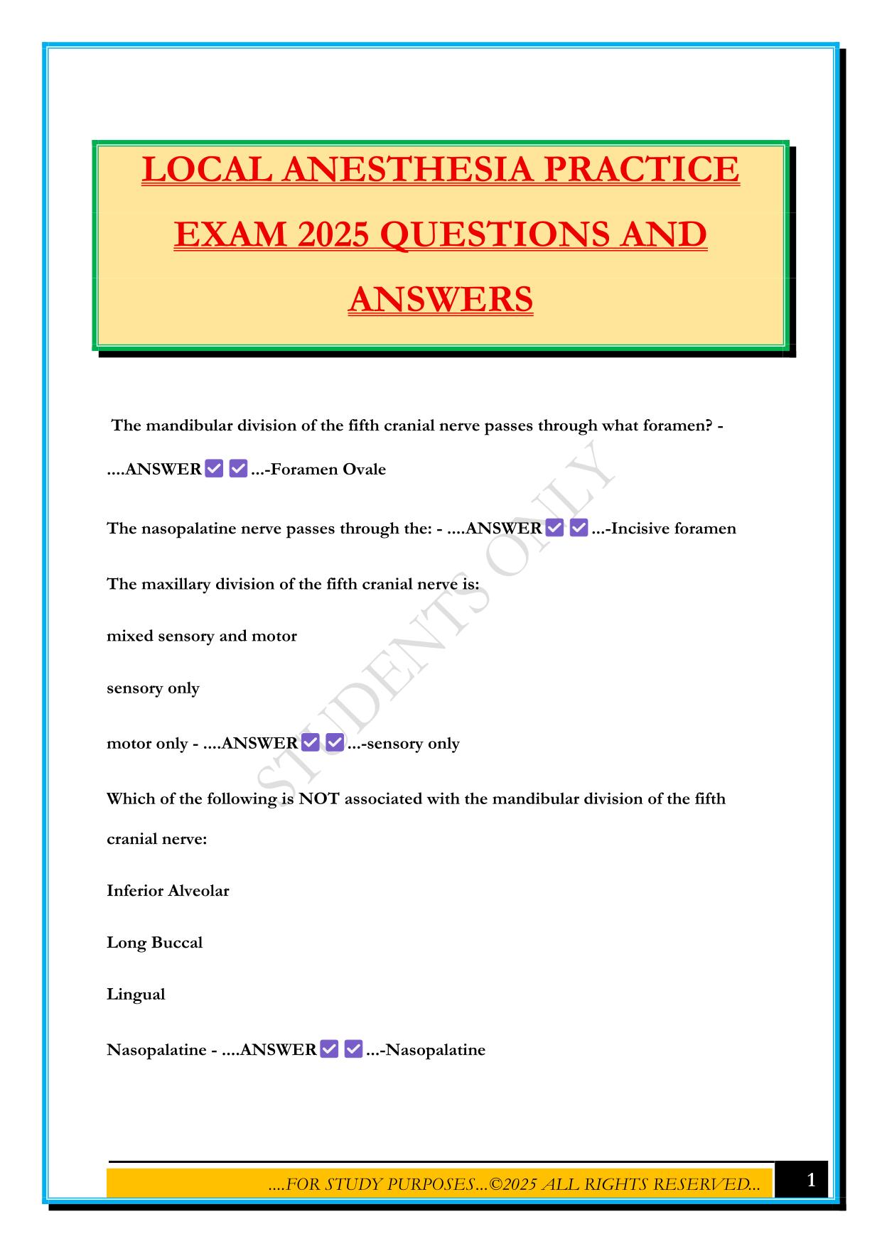 LOCAL ANESTHESIA PRACTICE EXAM 2025 QUESTIONS AND ANSWERS