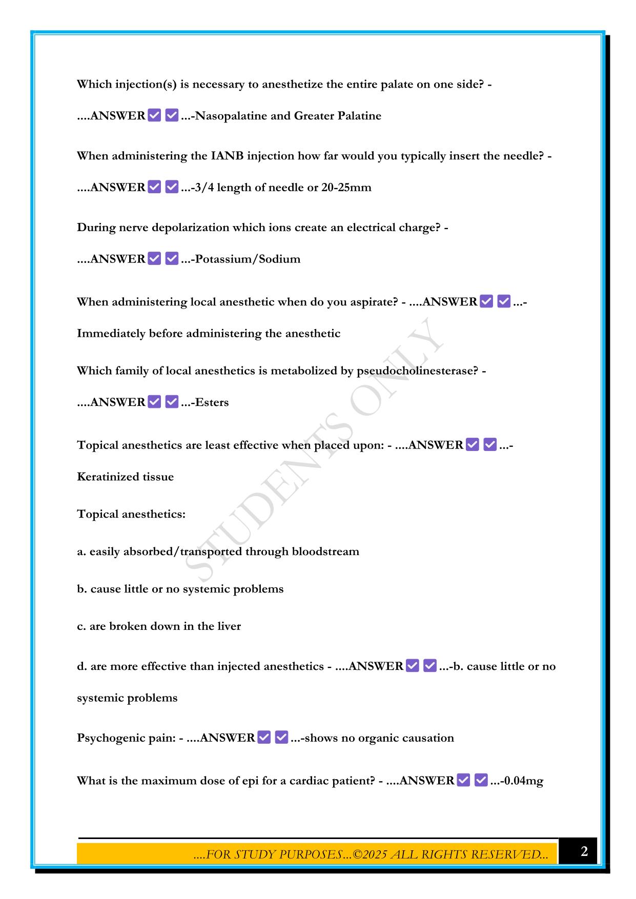 LOCAL ANESTHESIA PRACTICE EXAM 2025 QUESTIONS AND ANSWERS