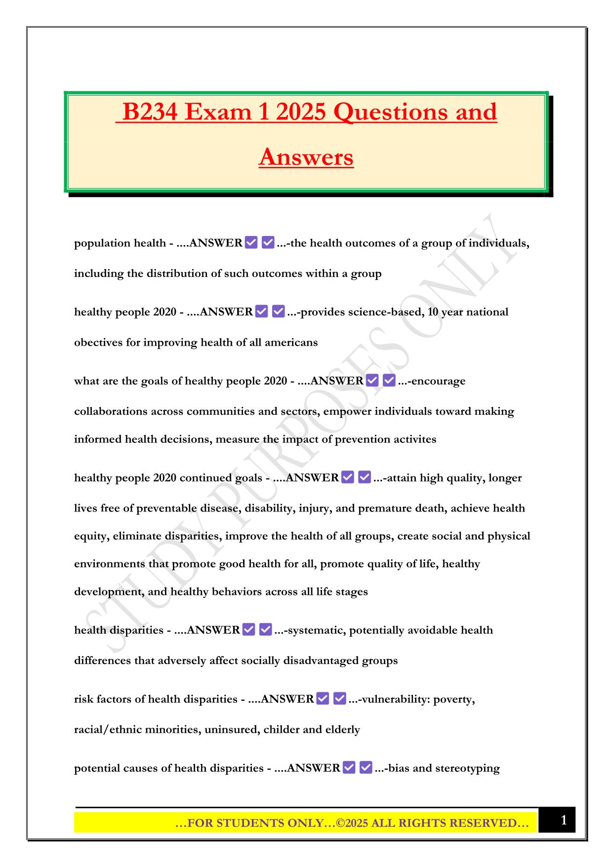 B234 Exam 1 2025 Questions and Answers