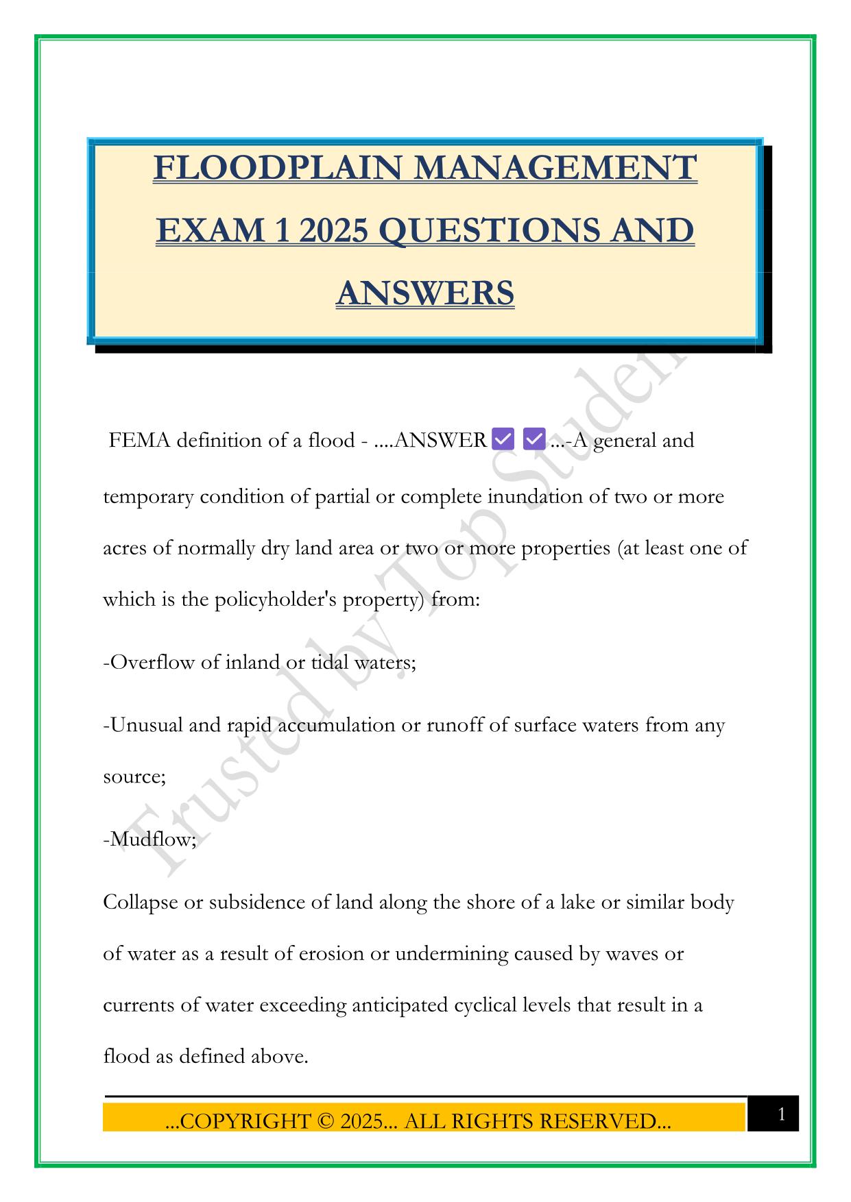 FLOODPLAIN MANAGEMENT EXAM 1 2025 QUESTIONS AND ANSWERS