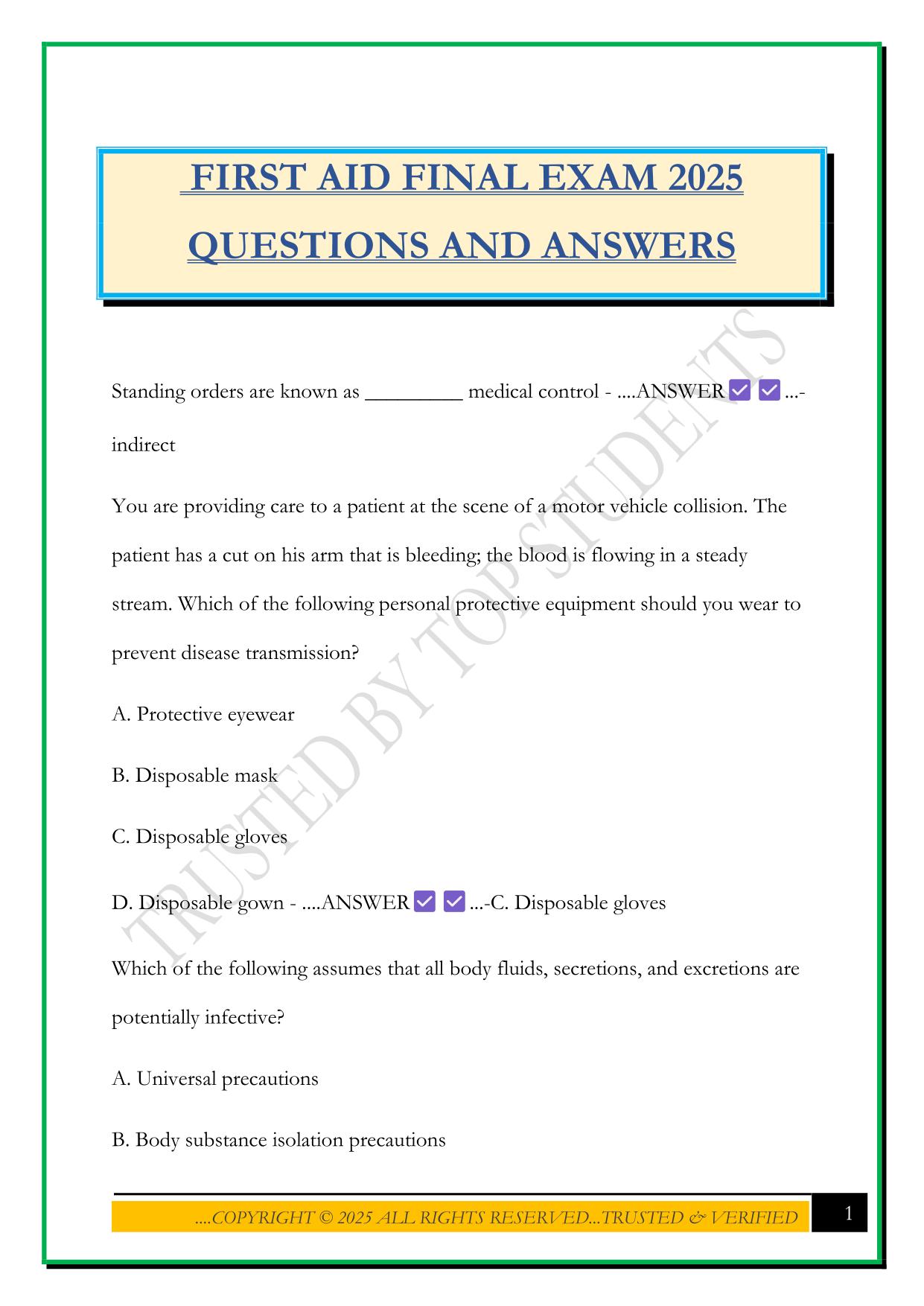 FIRST AID FINAL EXAM 2025 QUESTIONS AND ANSWERS