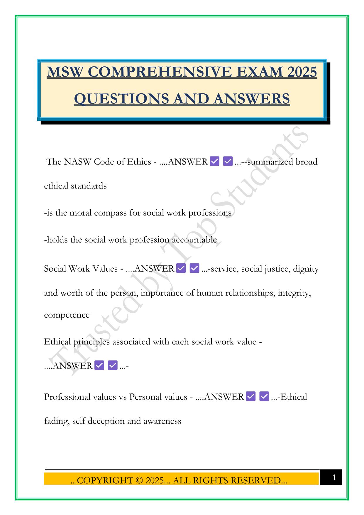 MSW COMPREHENSIVE EXAM 2025 QUESTIONS AND ANSWERS