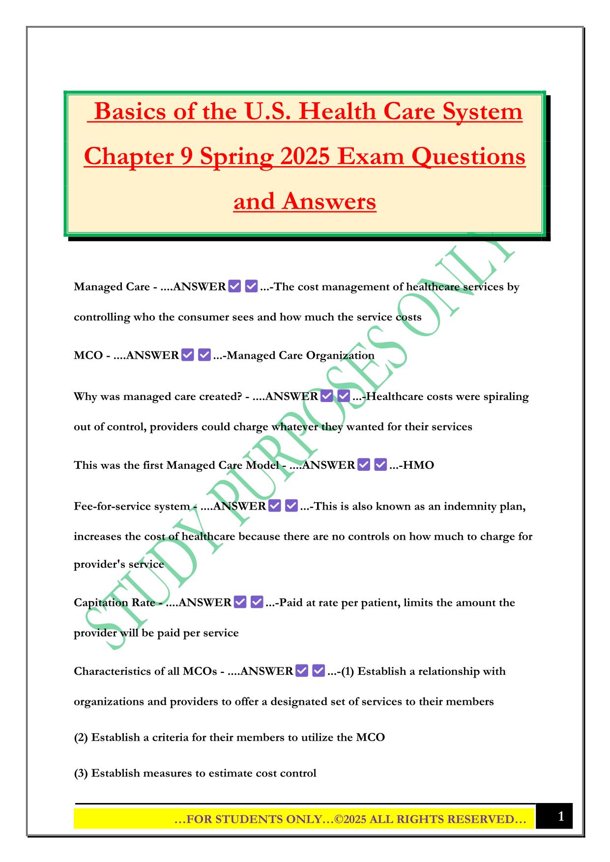 Basics of the U.S. Health Care System Chapter 9 Spring 2025 Exam Questions and Answers